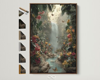 Tropical Waterfall Canvas Print - Jungle Paradise Wall Art, Butterfly Garden Poster, Exotic Flower Wall Decor, Botanical Art for Living Room