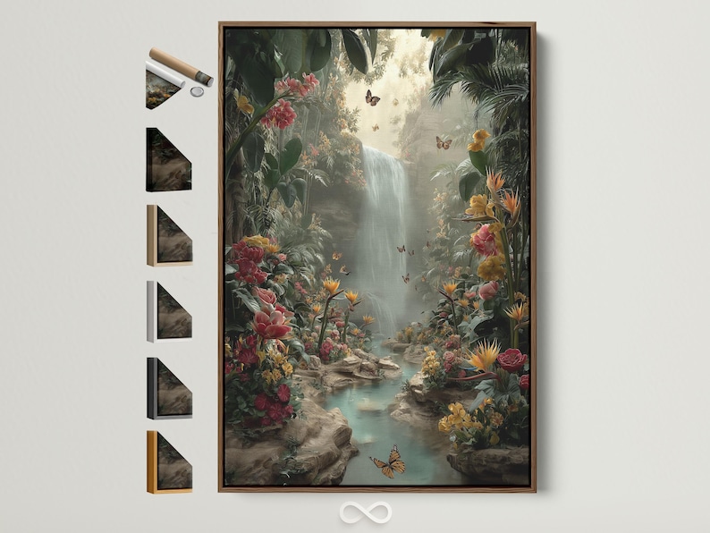 A jungle waterfall scene with lush green leaves, layered flowers and butterflies, flowing into a misty light area at the centre