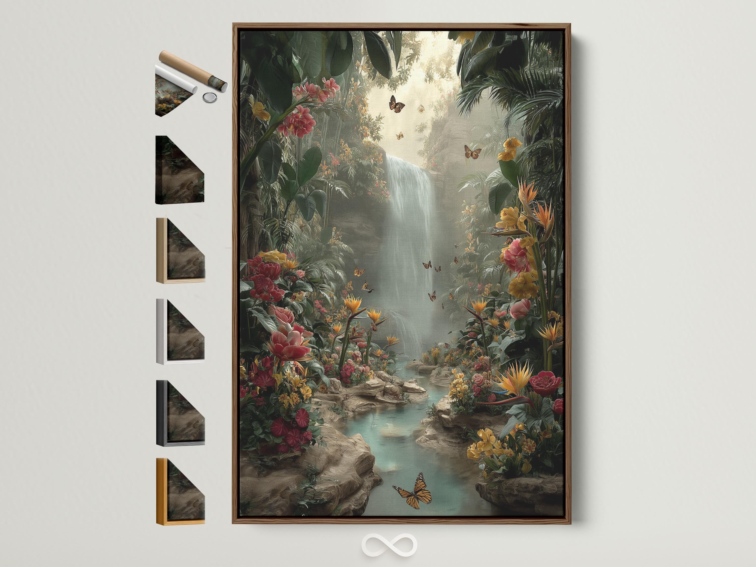 A jungle waterfall scene with lush green leaves, layered flowers and butterflies, flowing into a misty light area at the centre
