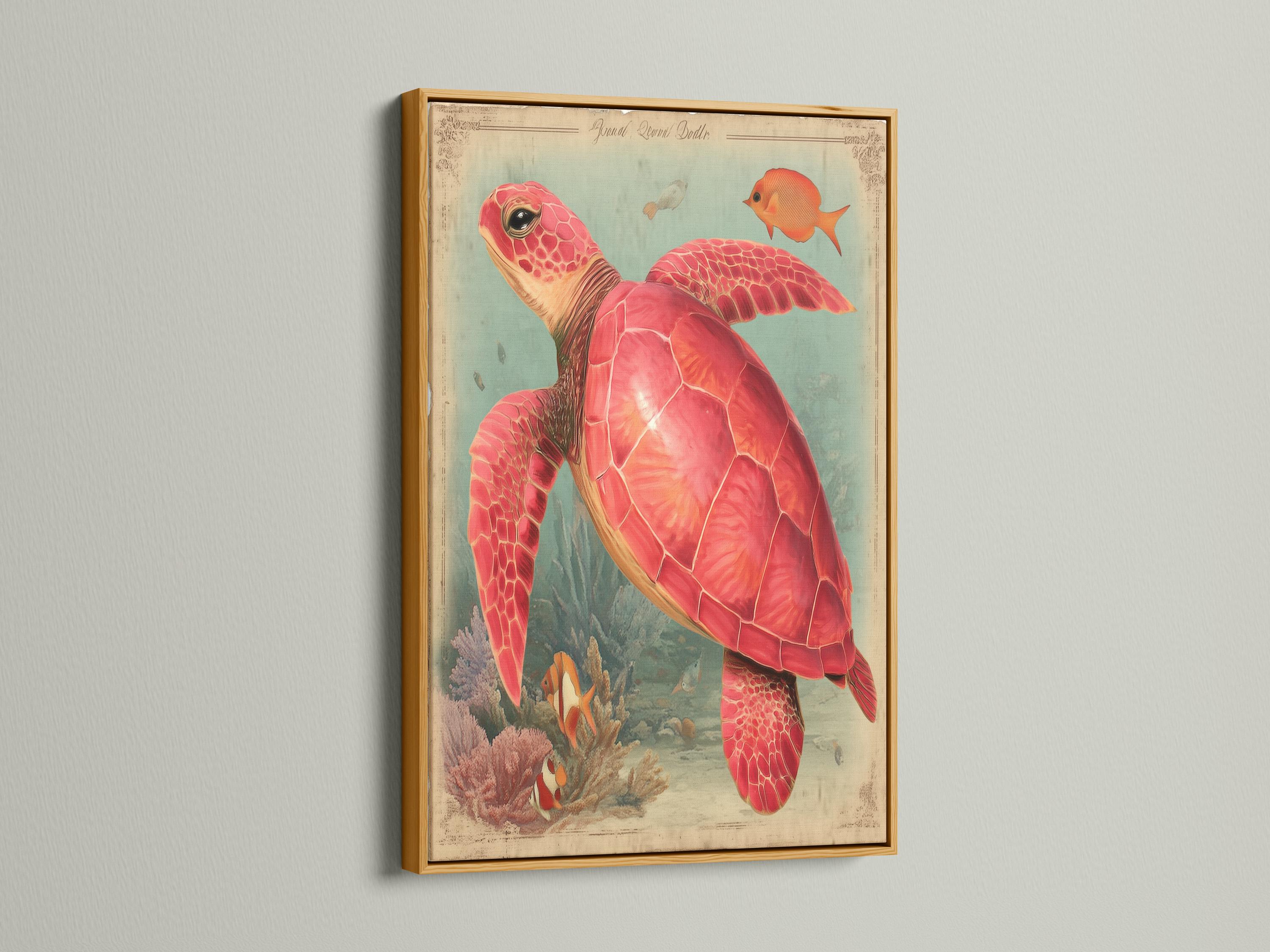 Red sea turtle swimming in a vintage coral reef scene with orange fish and teal ocean water detail view