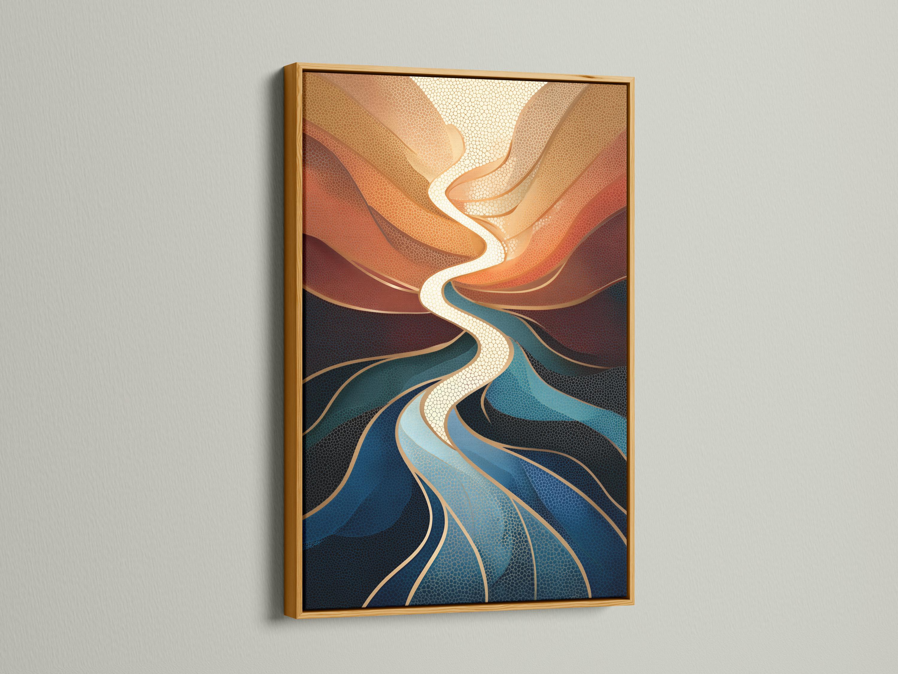 Abstract river design with swirling cream lines, terracotta and deep blue textured shapes detail view