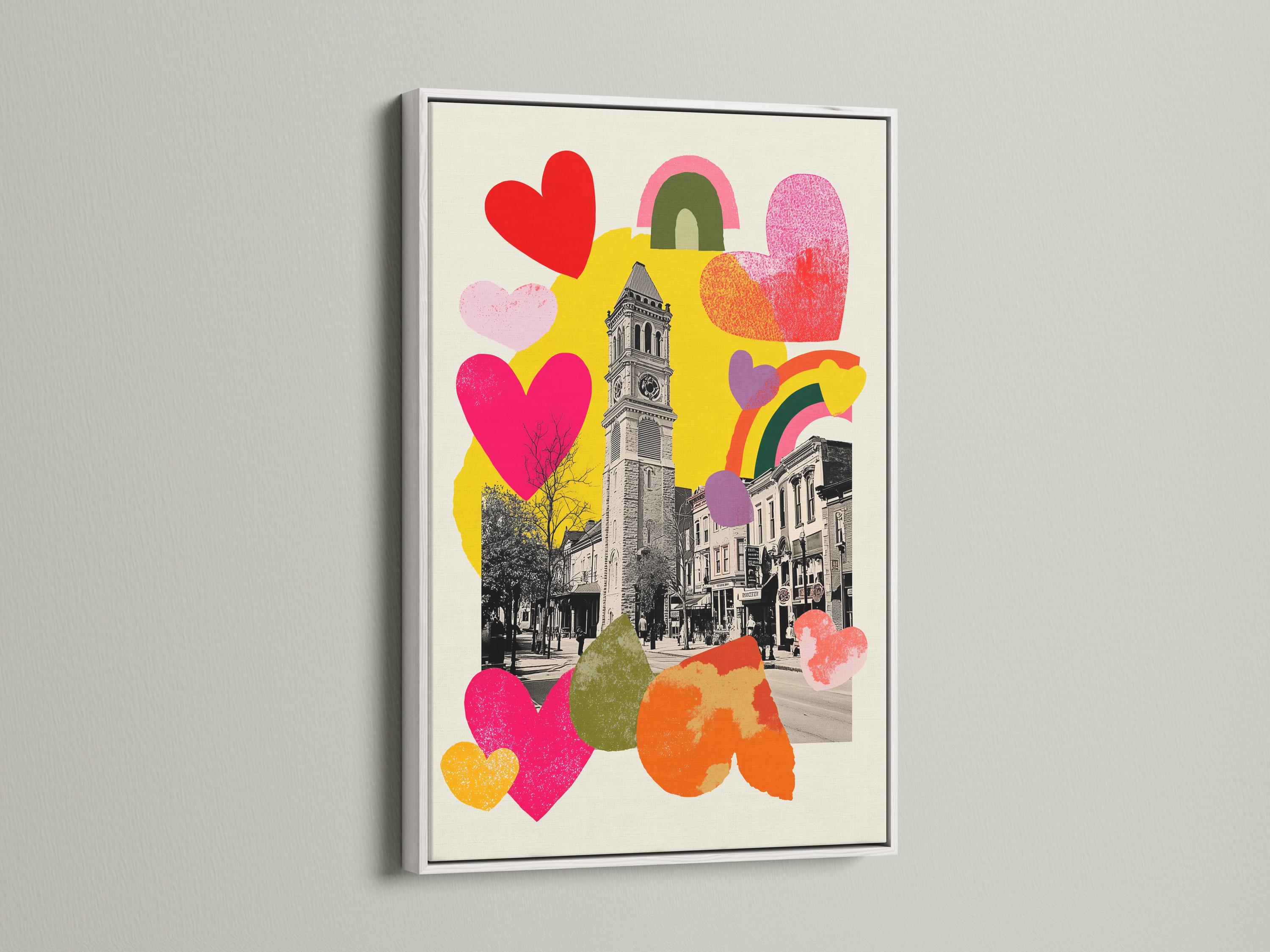 Retro cityscape with a clock tower overlaid by colourful hearts and rainbow shapes detail view
