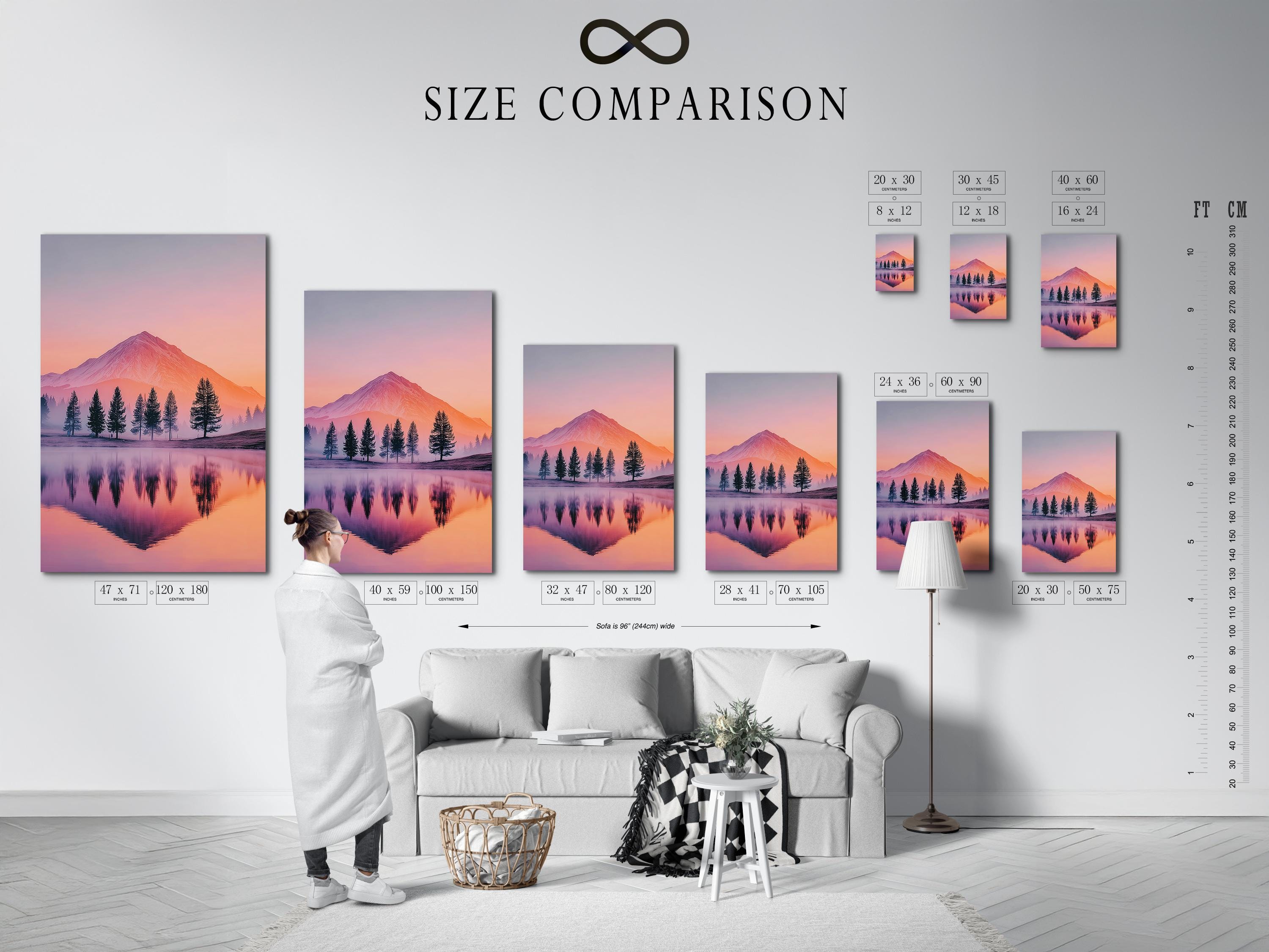 A pastel mountain landscape at sunset shows a pink-orange sky, a prominent mountain, silhouetted evergreen trees, and a calm mirrored lake reflection