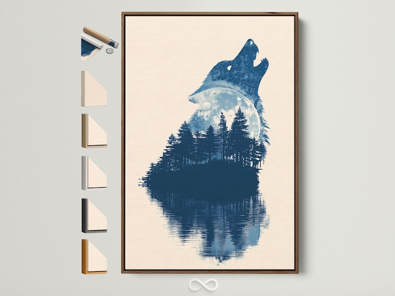 Indigo blue howling wolf silhouette filled with forest trees on a pale beige background