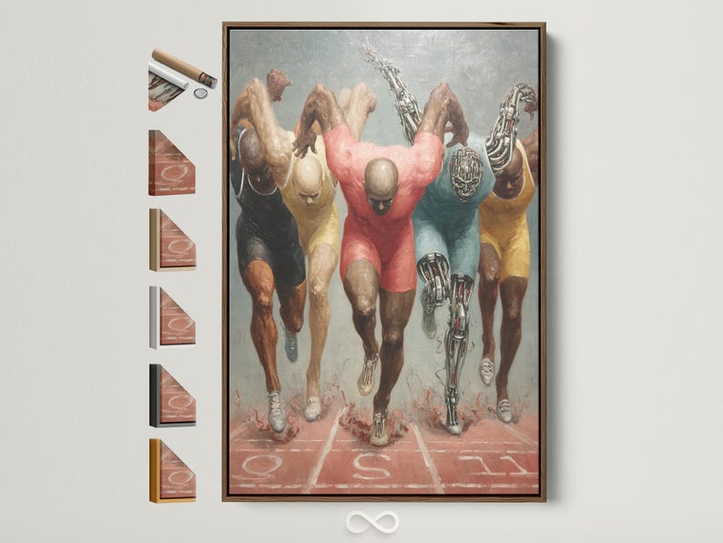 Painterly running cyborg runners with chrome robotic legs on a track-like ground