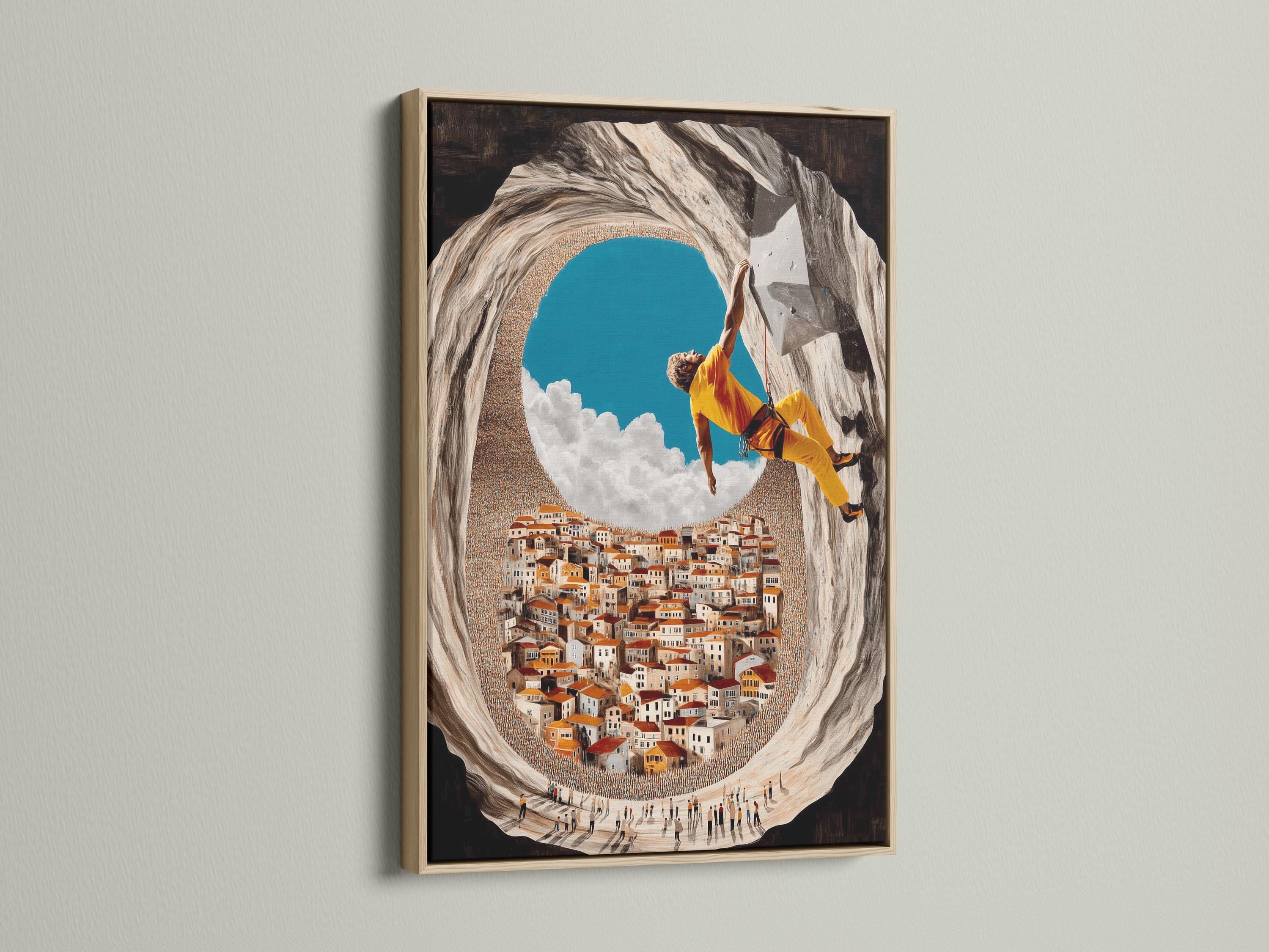 Wall art mockup showing a framed climber scene hanging on a wall among other frame options