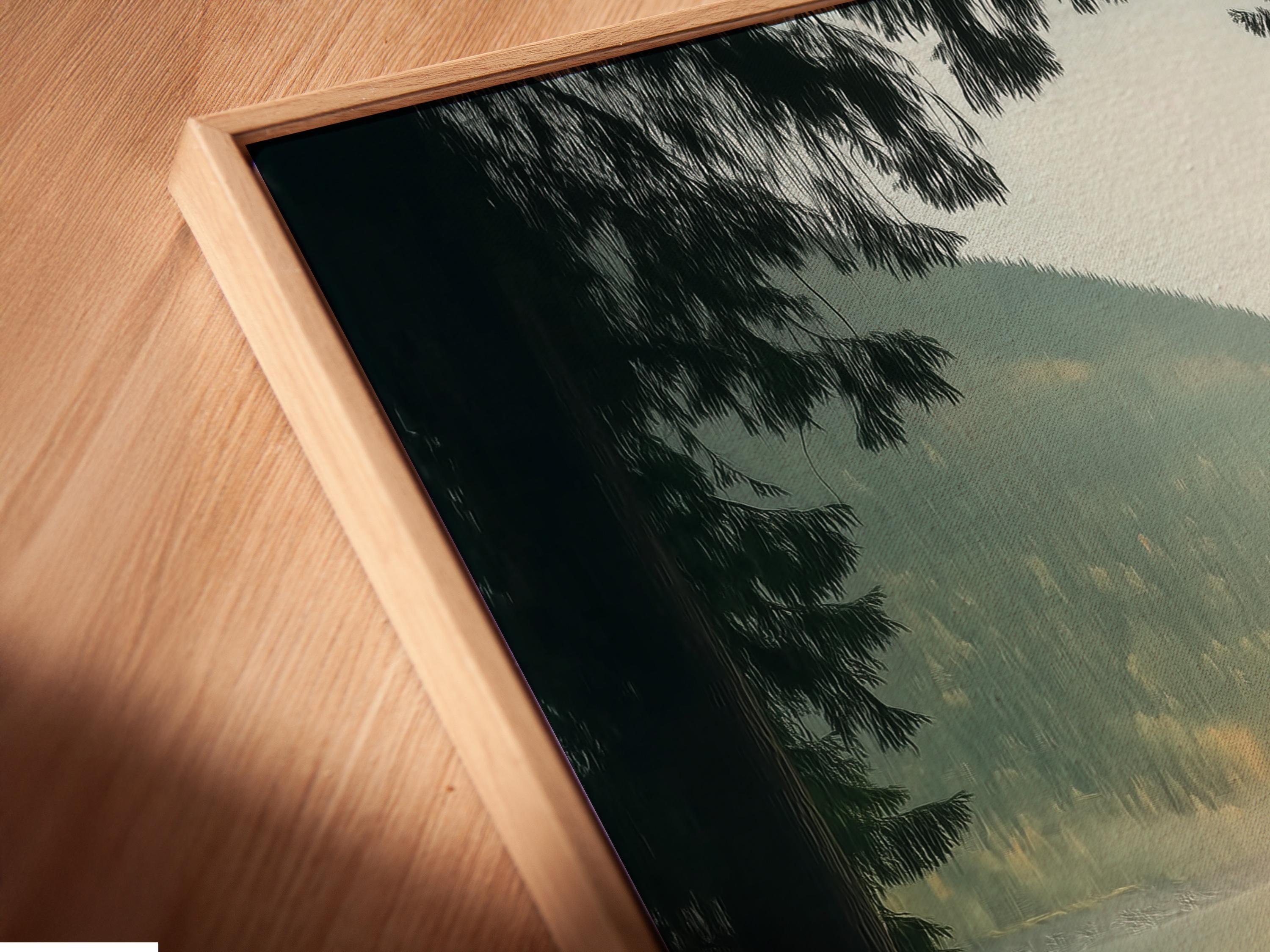 Landscape artwork of a misty lake with evergreen trees and sunrise reflections detail view