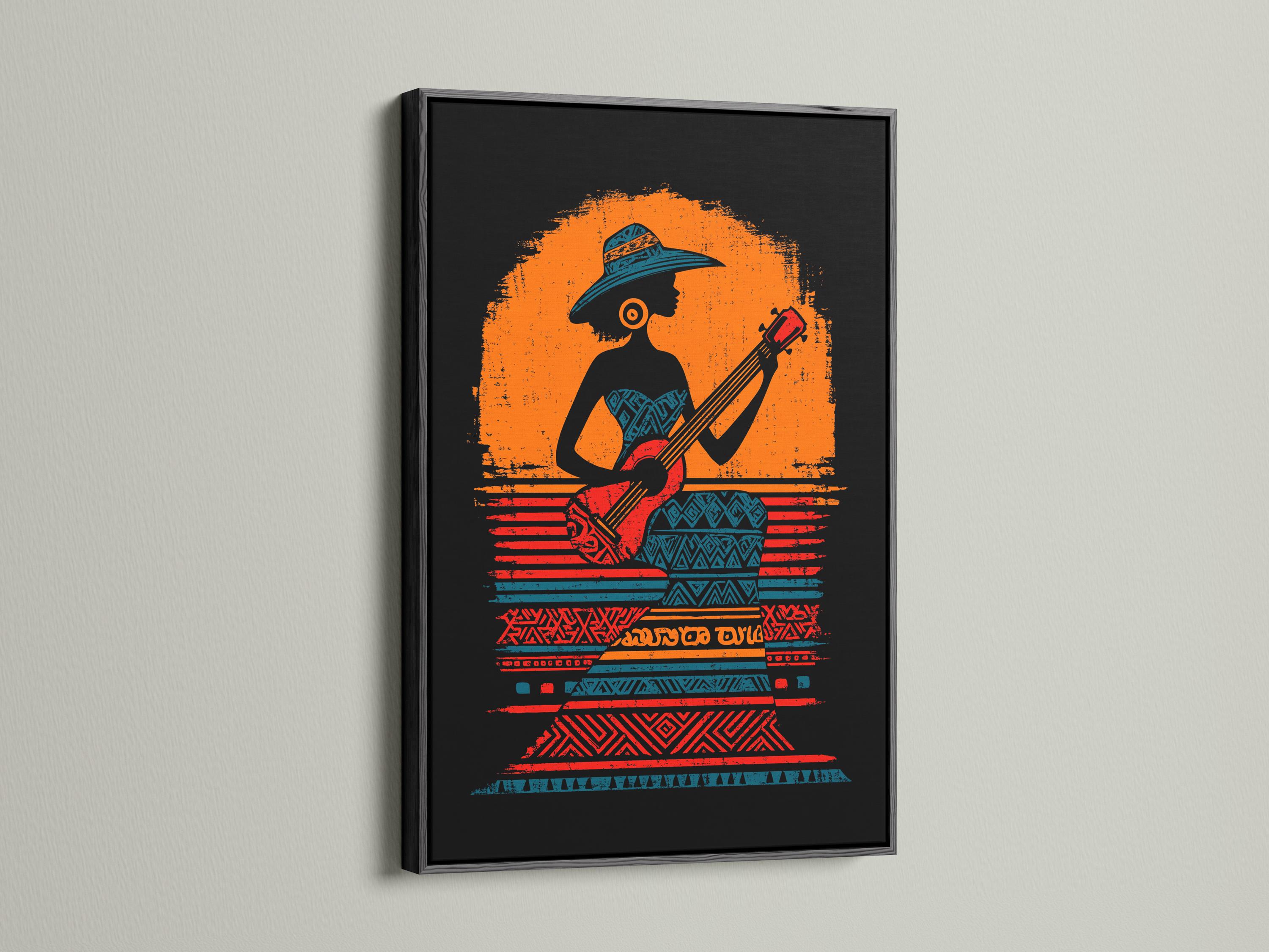 Room mockup showing framed portrait artwork of a woman musician playing a red guitar