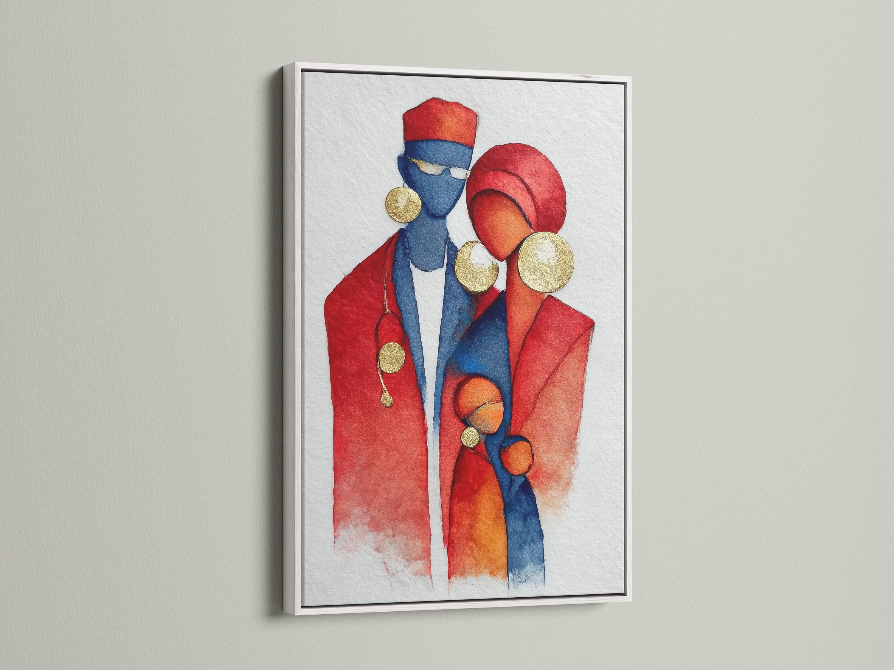 Red and blue doctor figures with gold accents in a watercolor style illustration on a light background detail view