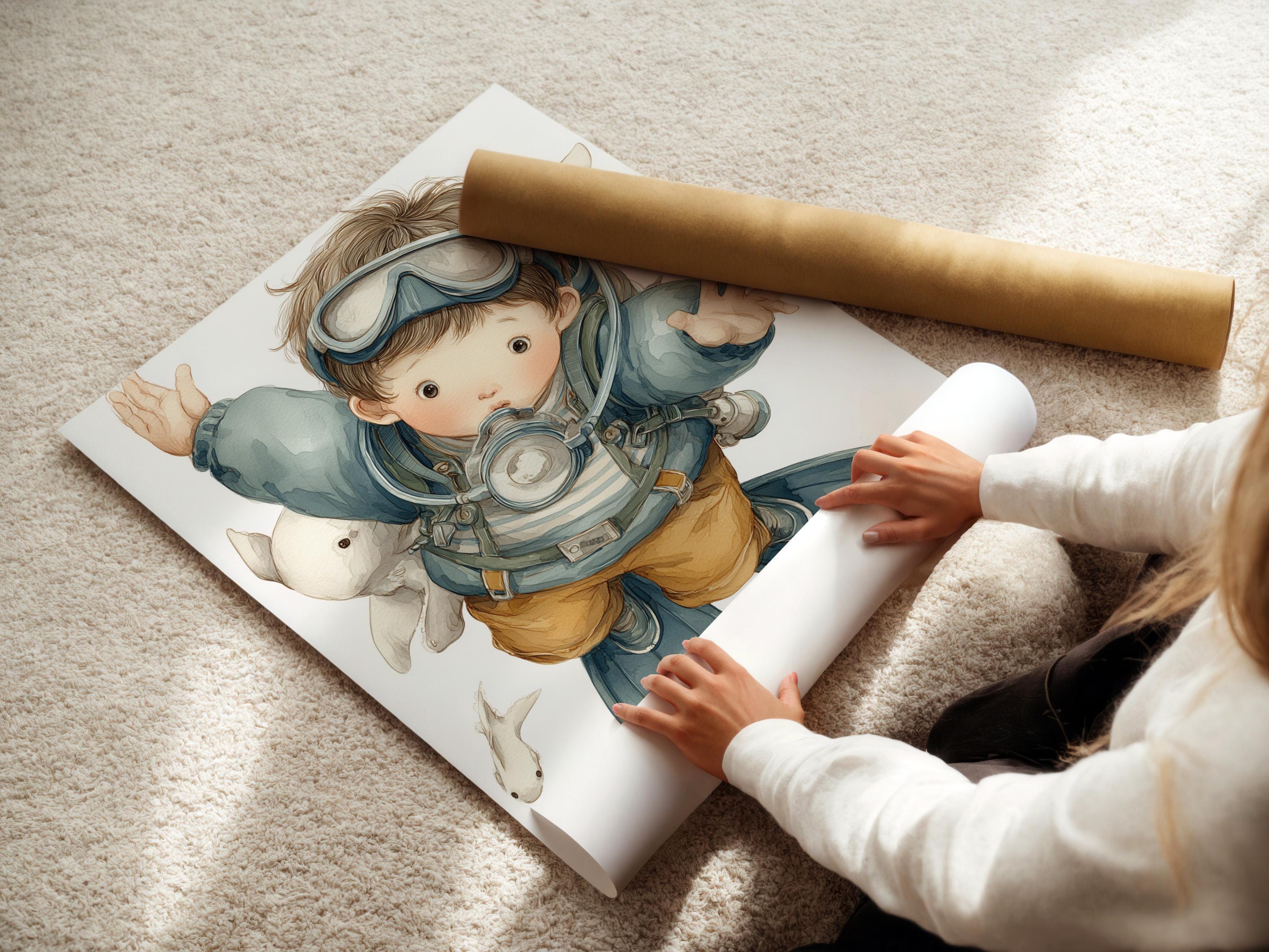 Scuba diving boy illustration with underwater fish floating around him detail view