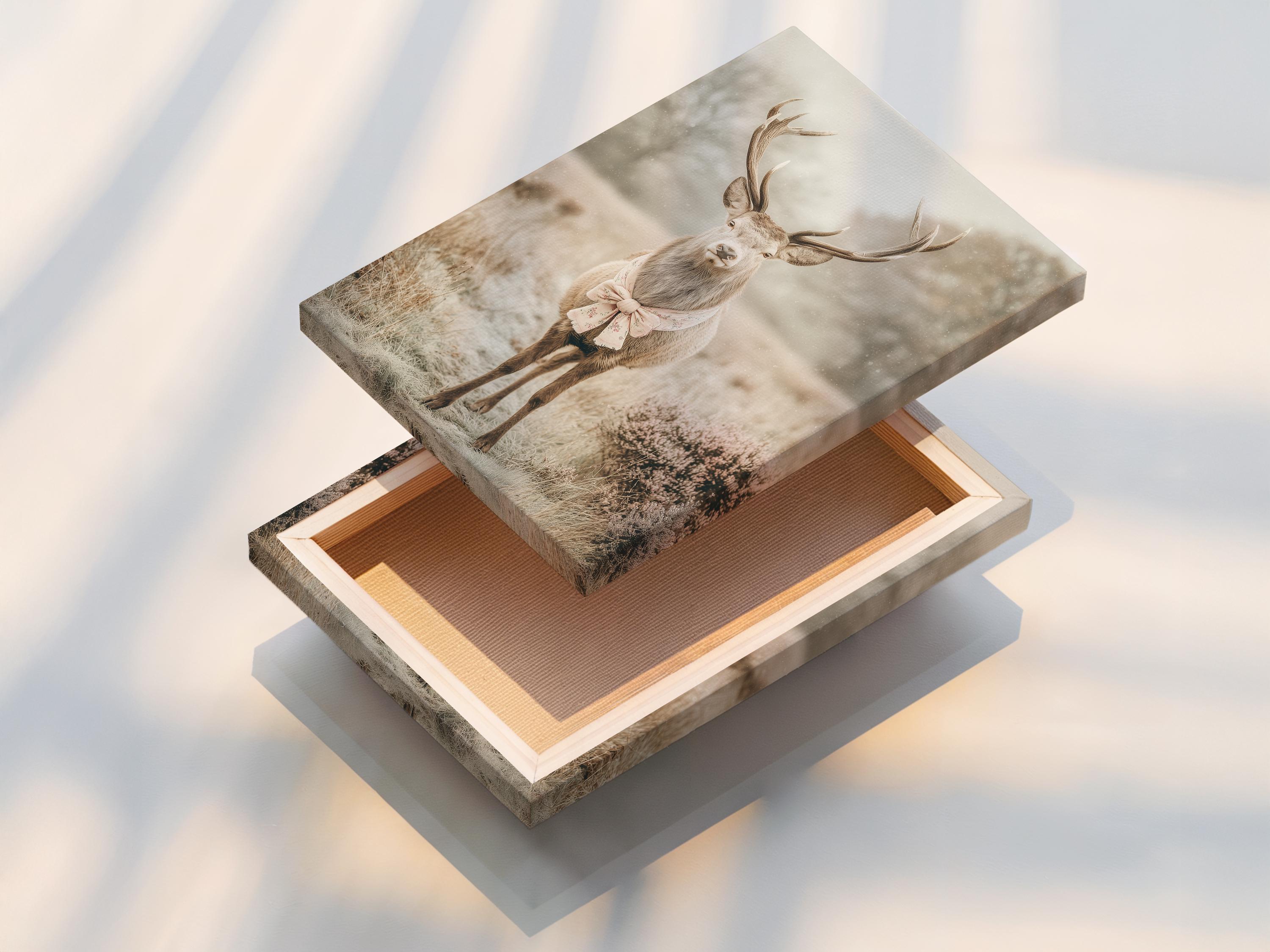 Deer portrait with raised antlers in a misty field, wearing a pale pink bow detail view