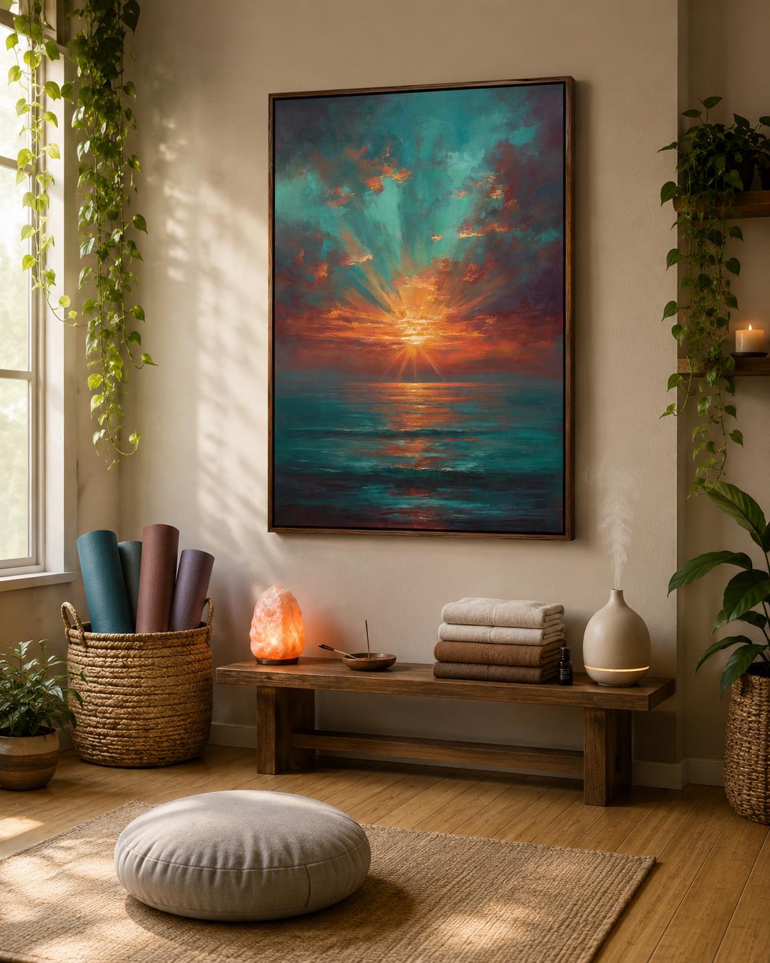 Room mockup with a sofa and a framed teal and copper sunset seascape artwork on the wall