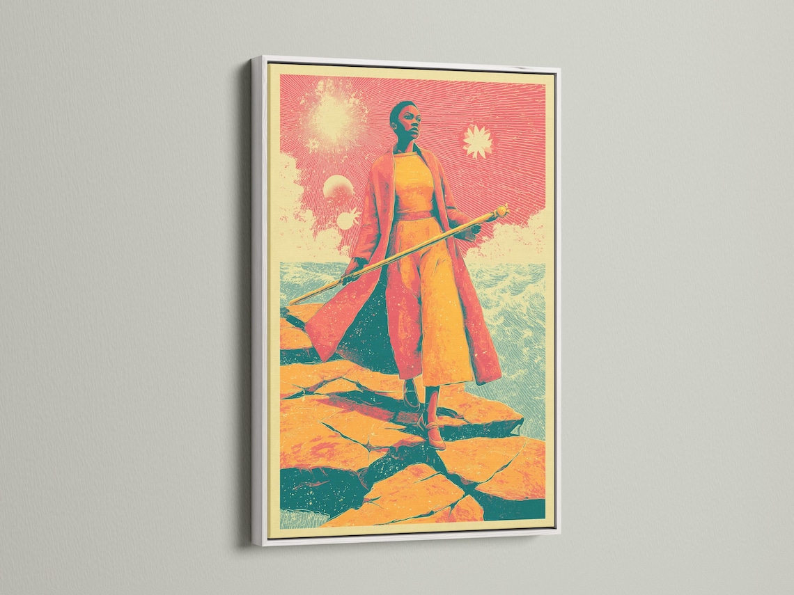 Retro sci-fi woman wall art displayed in an interior mockup