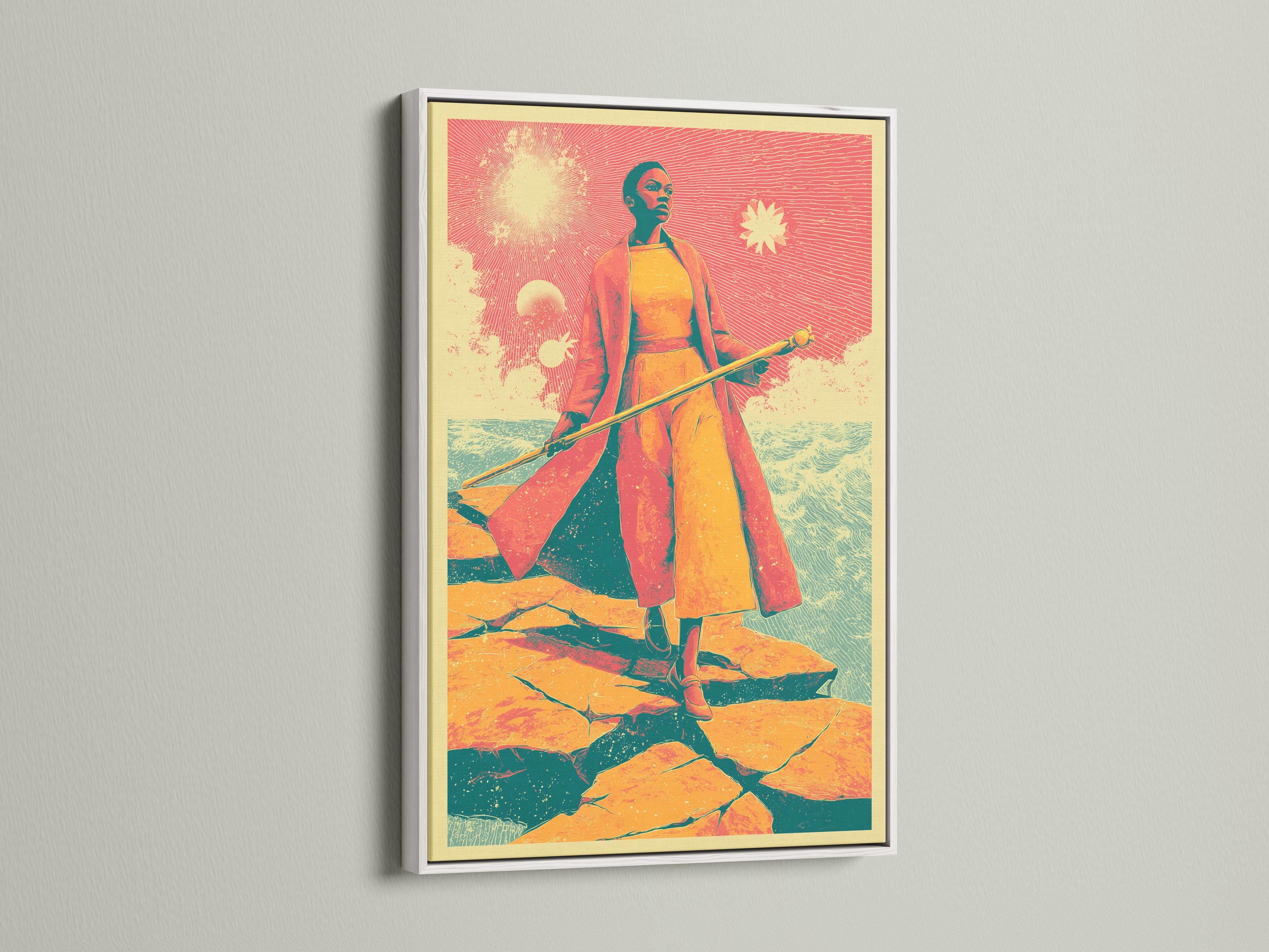 Retro sci-fi woman wall art displayed in an interior mockup