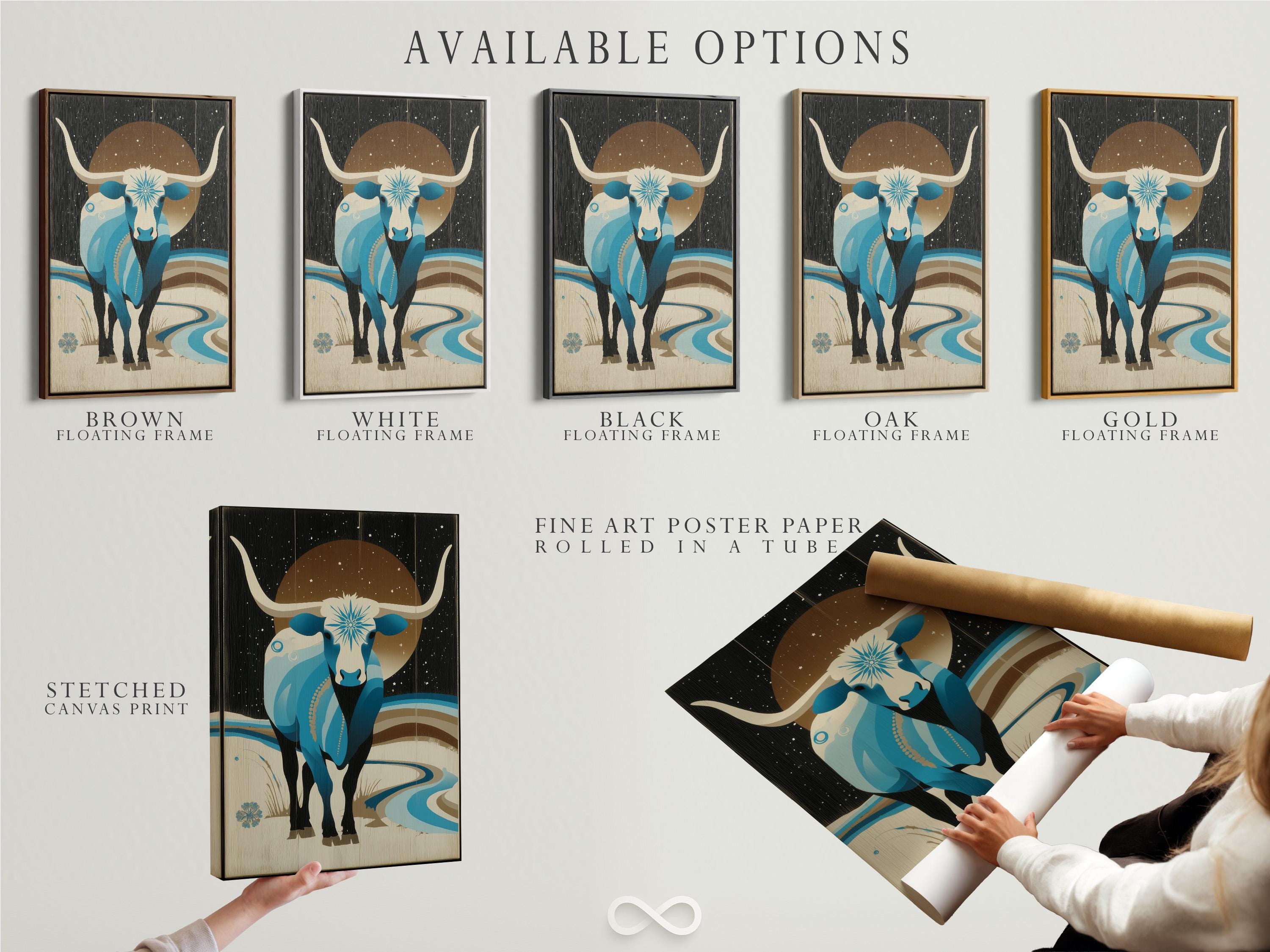 Artwork shown framed on a wall with several frame colour options nearby