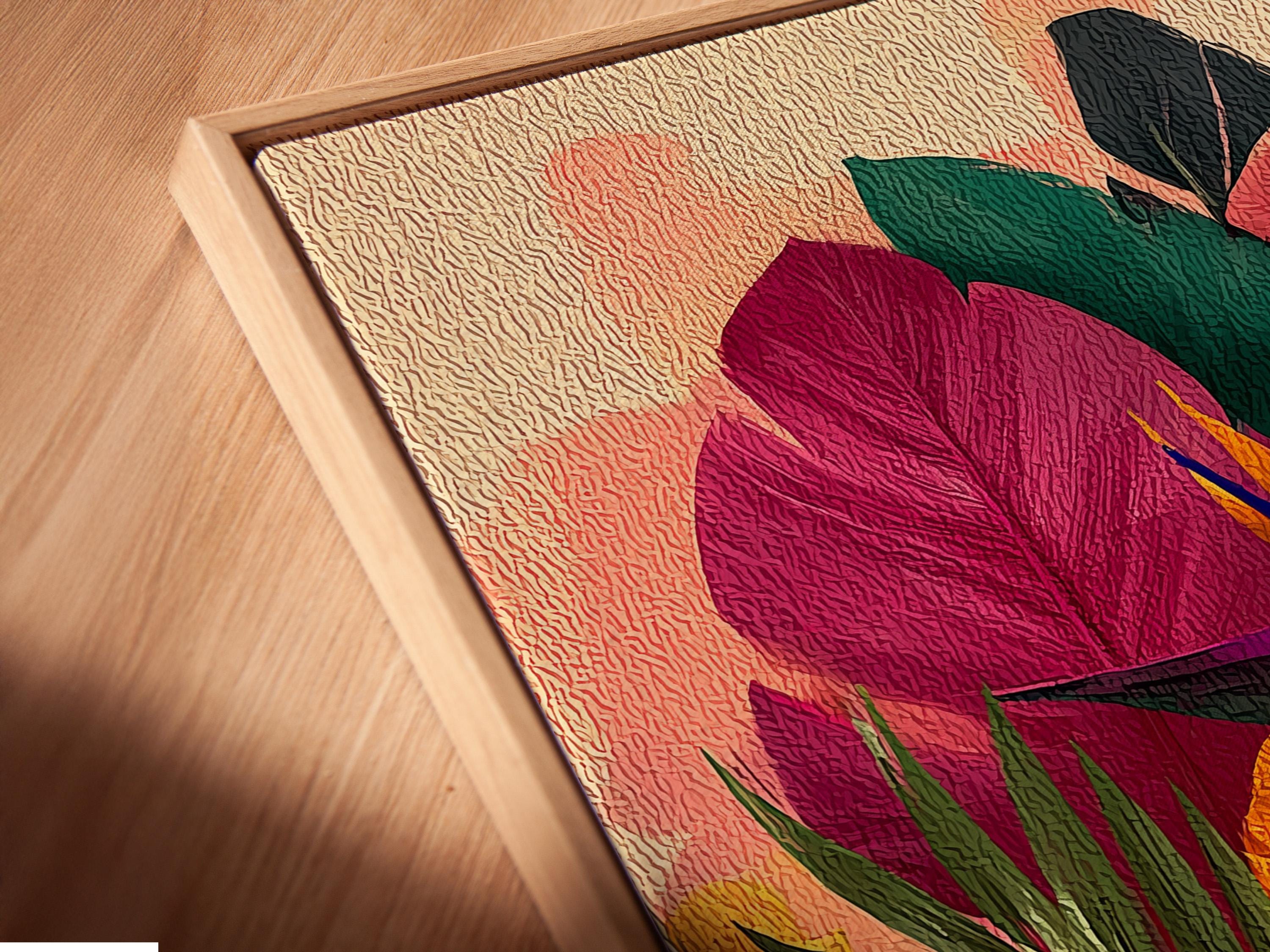 Tropical floral artwork mockup displayed on a wall with framed options shown
