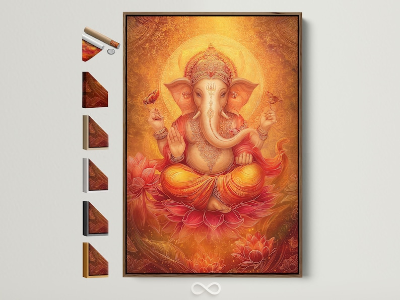 A golden-orange stylised elephant-headed deity figure sits at the centre, surrounded by ornate patterning and red lotus flowers on a warm decorative
