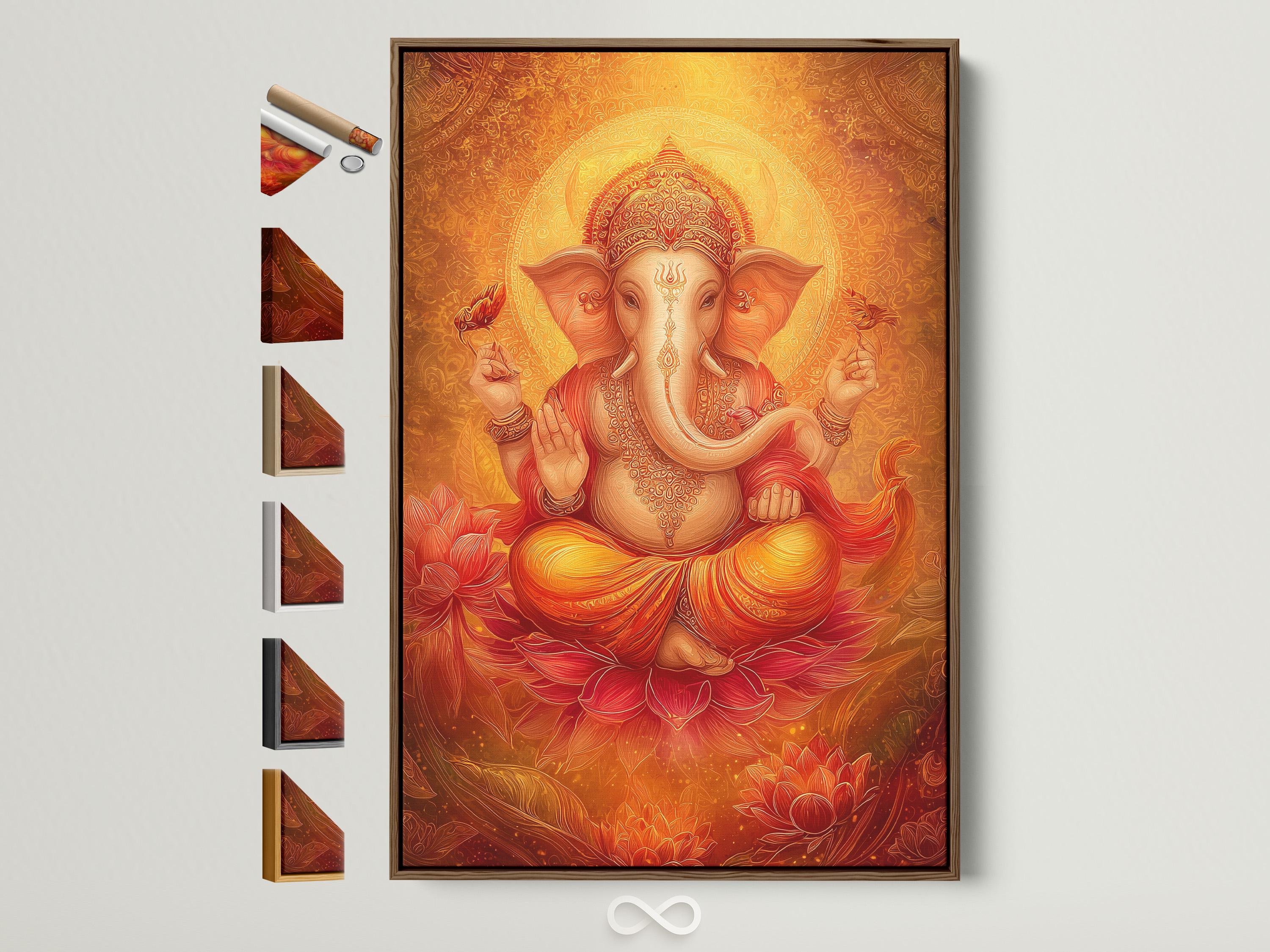 A golden-orange stylised elephant-headed deity figure sits at the centre, surrounded by ornate patterning and red lotus flowers on a warm decorative