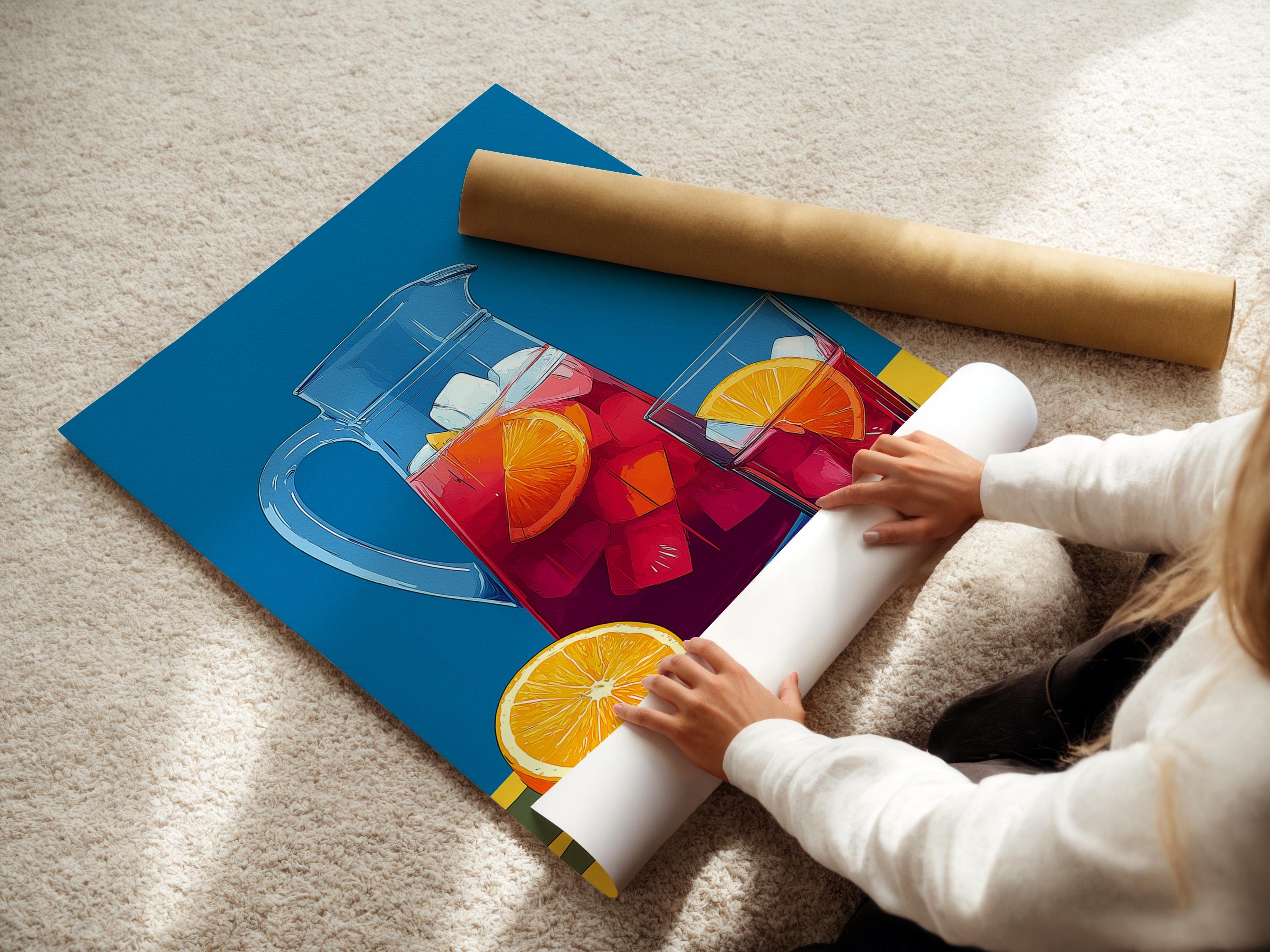 Illustrated still life of a glass pitcher with red drink, ice cubes, and orange citrus slices detail view