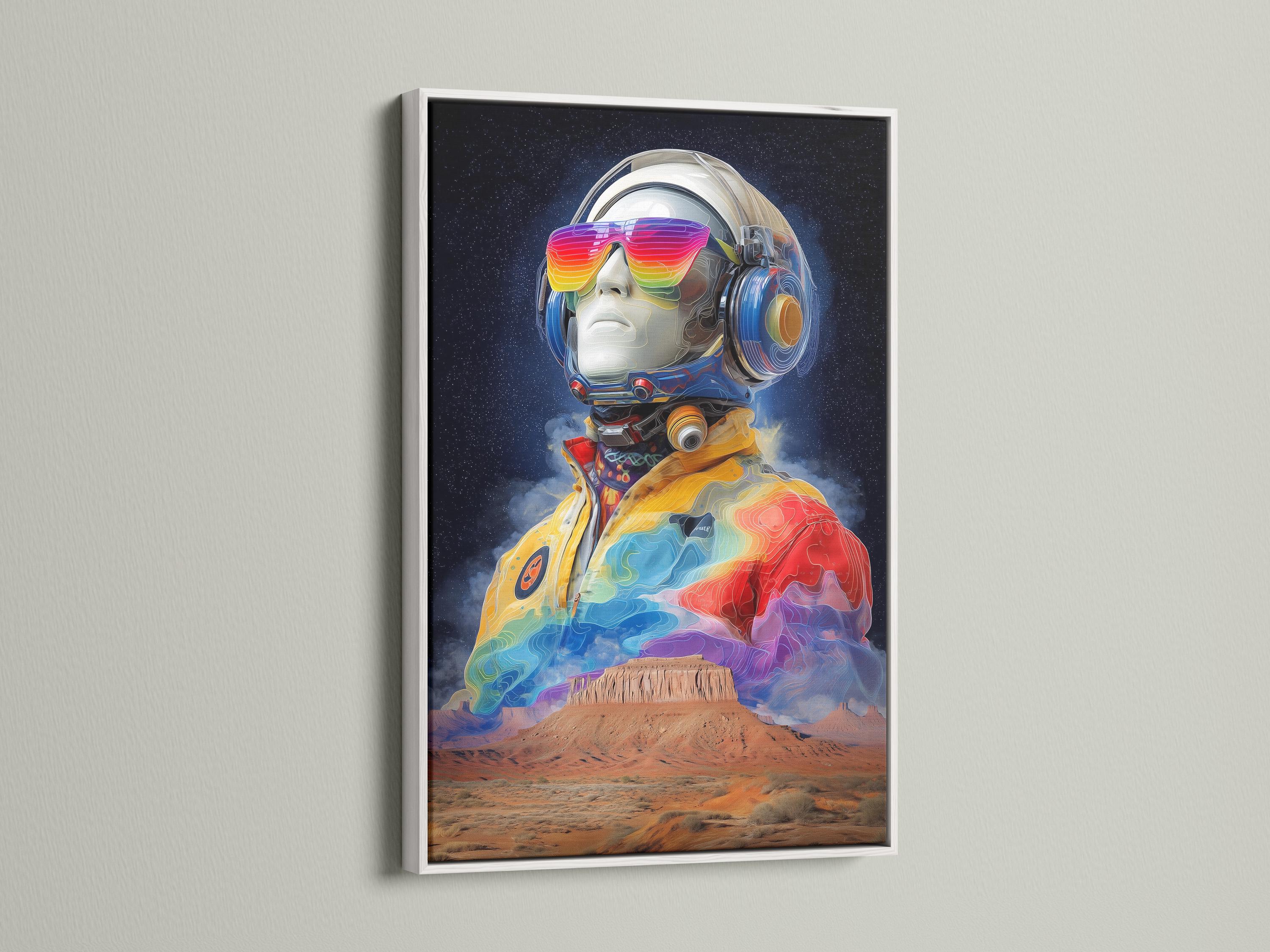 Futuristic astronaut standing in a desert under a dark starry sky with rainbow colours on the helmet and suit detail view