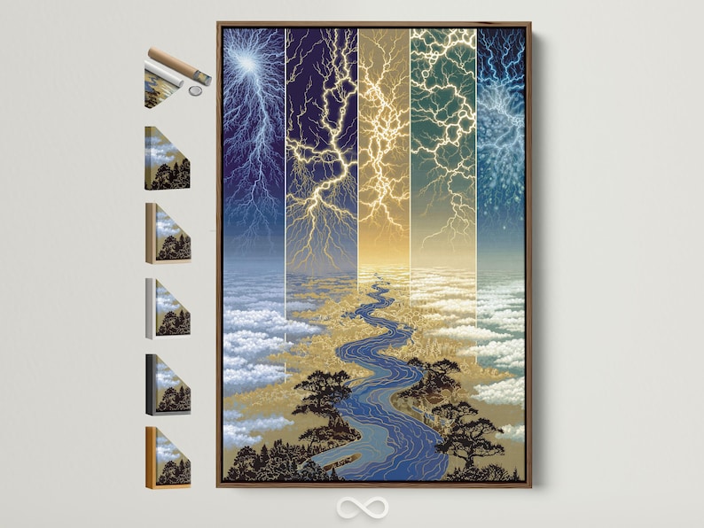 Blue and gold lightning river landscape with branching lightning bolts