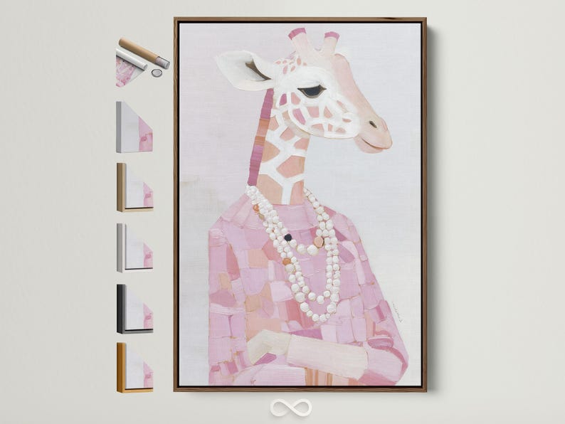 A stylised pink giraffe portrait is shown in a painterly, patchwork-like design with a pearl-like necklace, set against a pale background