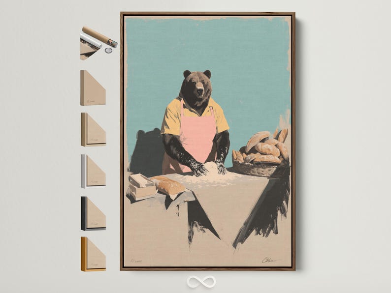 Bear chef illustration wearing a pink apron behind a counter with bread on a teal background