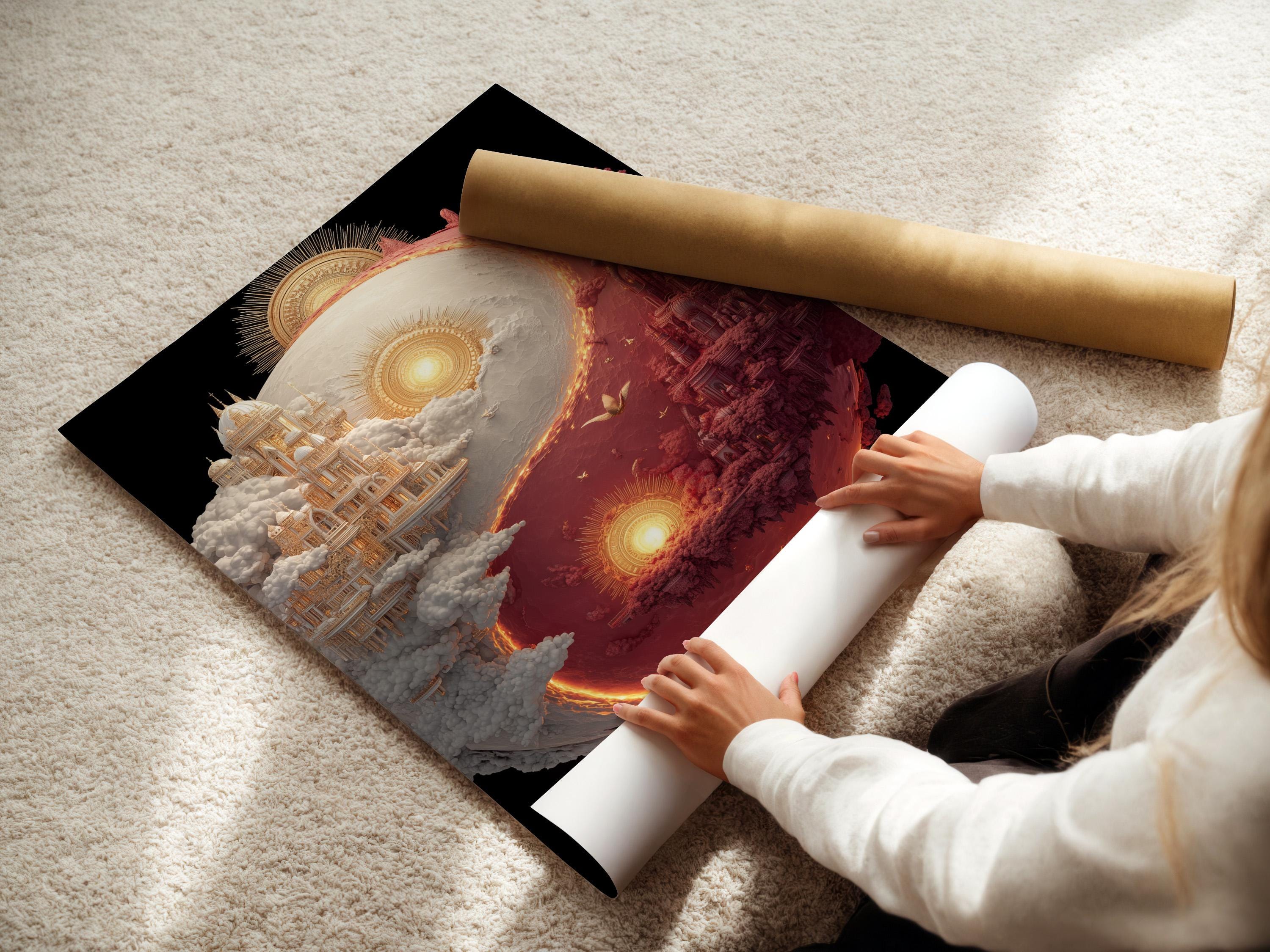 Yin-yang celestial cityscape with coral and ivory clouds, glowing orbs, and birds in flight detail view