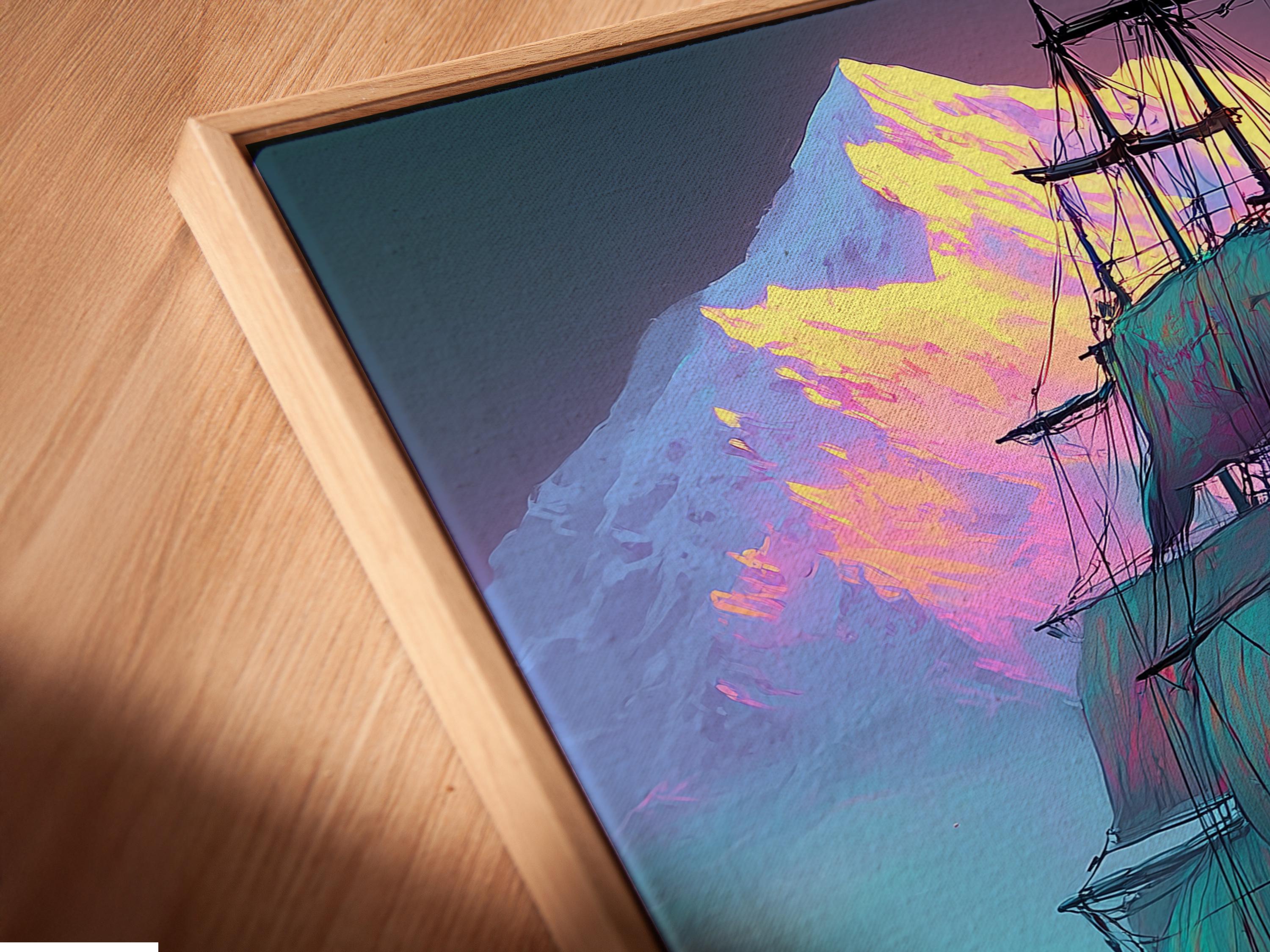 Neon-coloured sailing ship with teal ocean waves and glowing purple mountains detail view