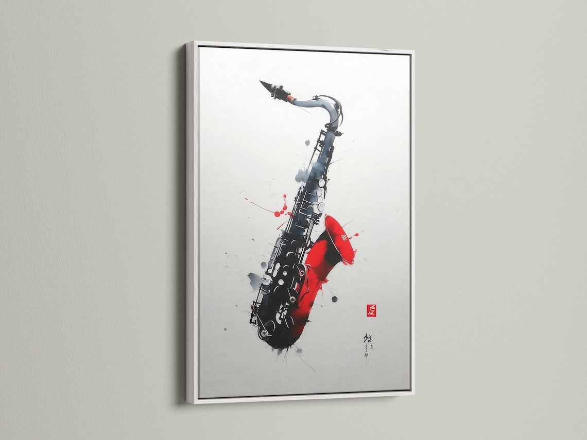 Red and black saxophone illustration with paint splatter marks on an off-white background detail view