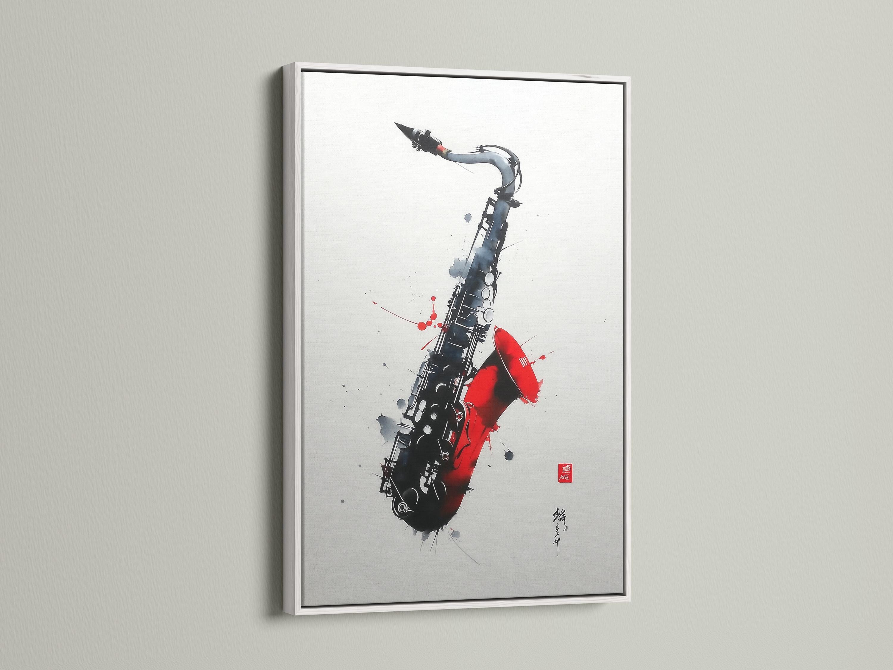 Red and black saxophone illustration with paint splatter marks on an off-white background detail view