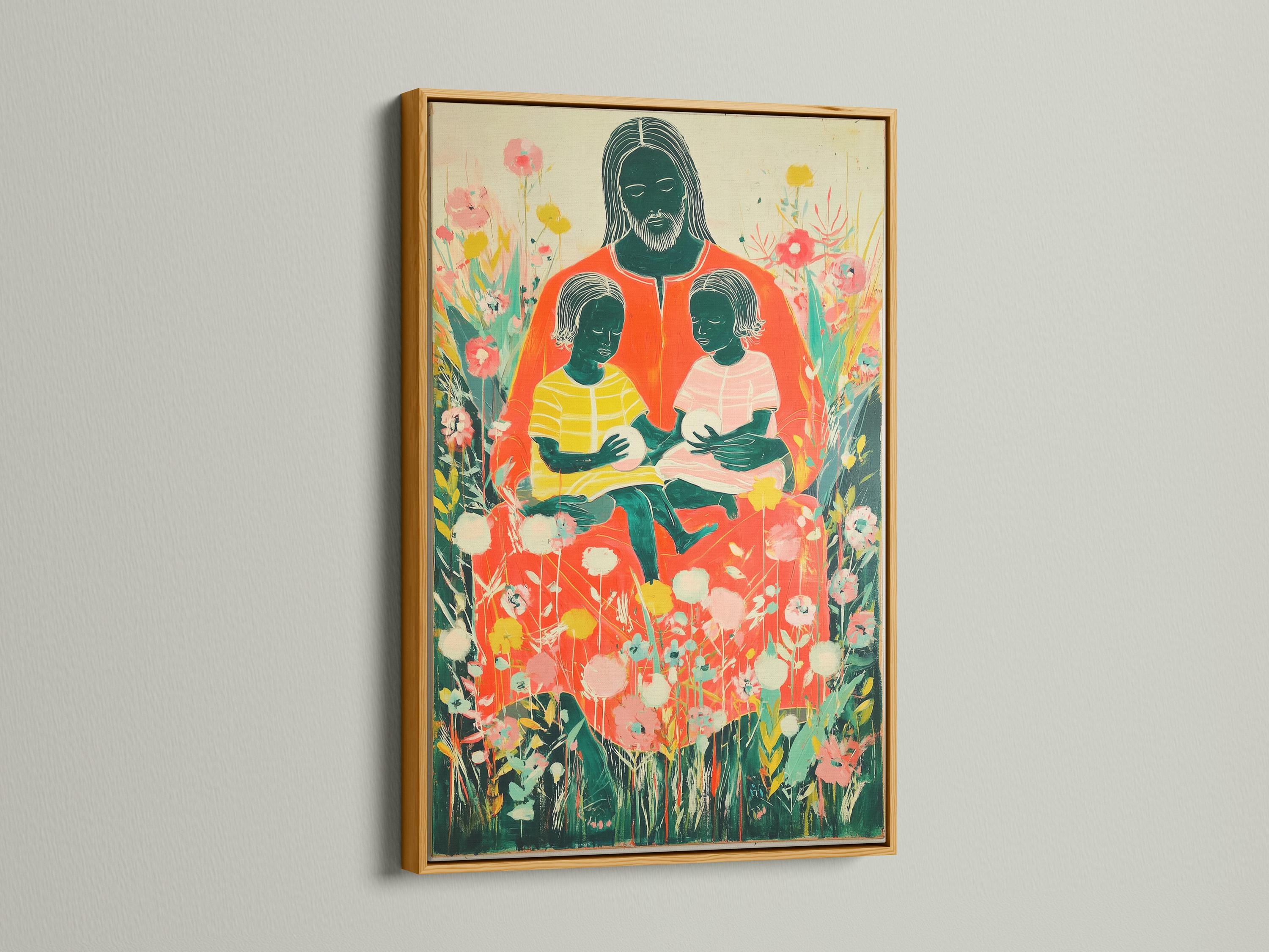 Stylised adult figure holding two children amid dense green foliage and pink, peach and white blossoms detail view