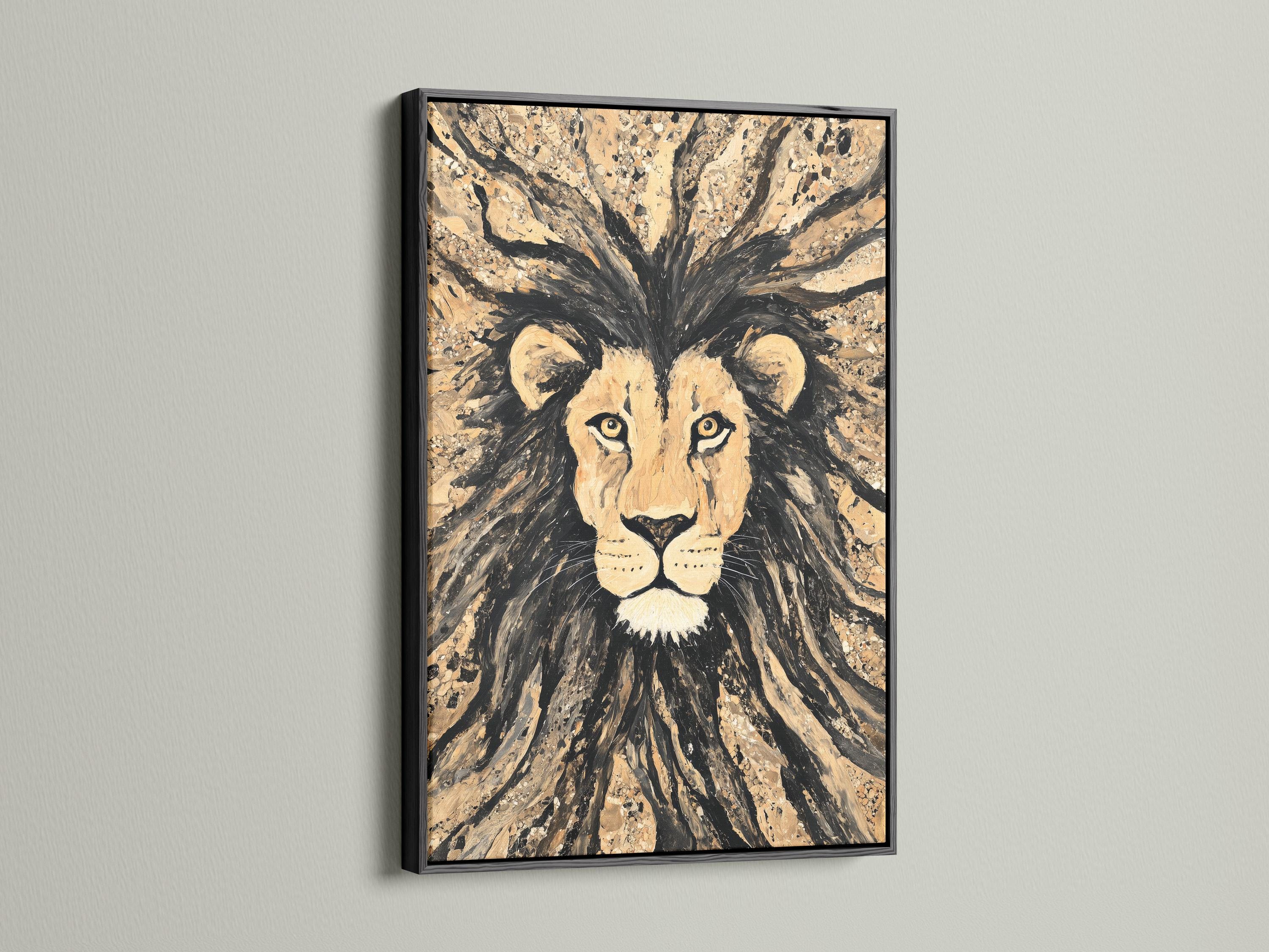 Stylised lion portrait with radiating mane strokes in beige, black and gold tones detail view