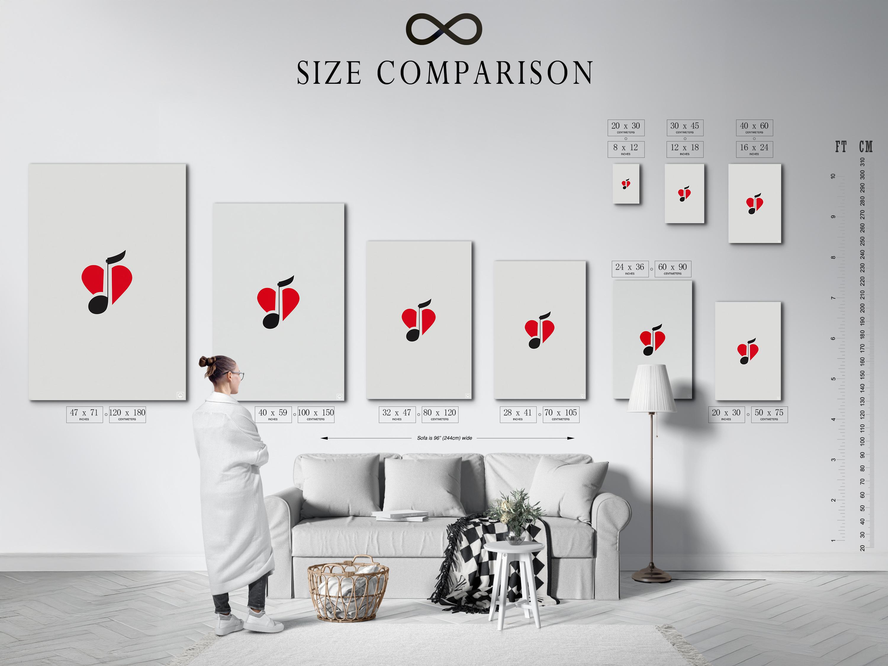 Wall mockup of minimalist red heart and black music note artwork