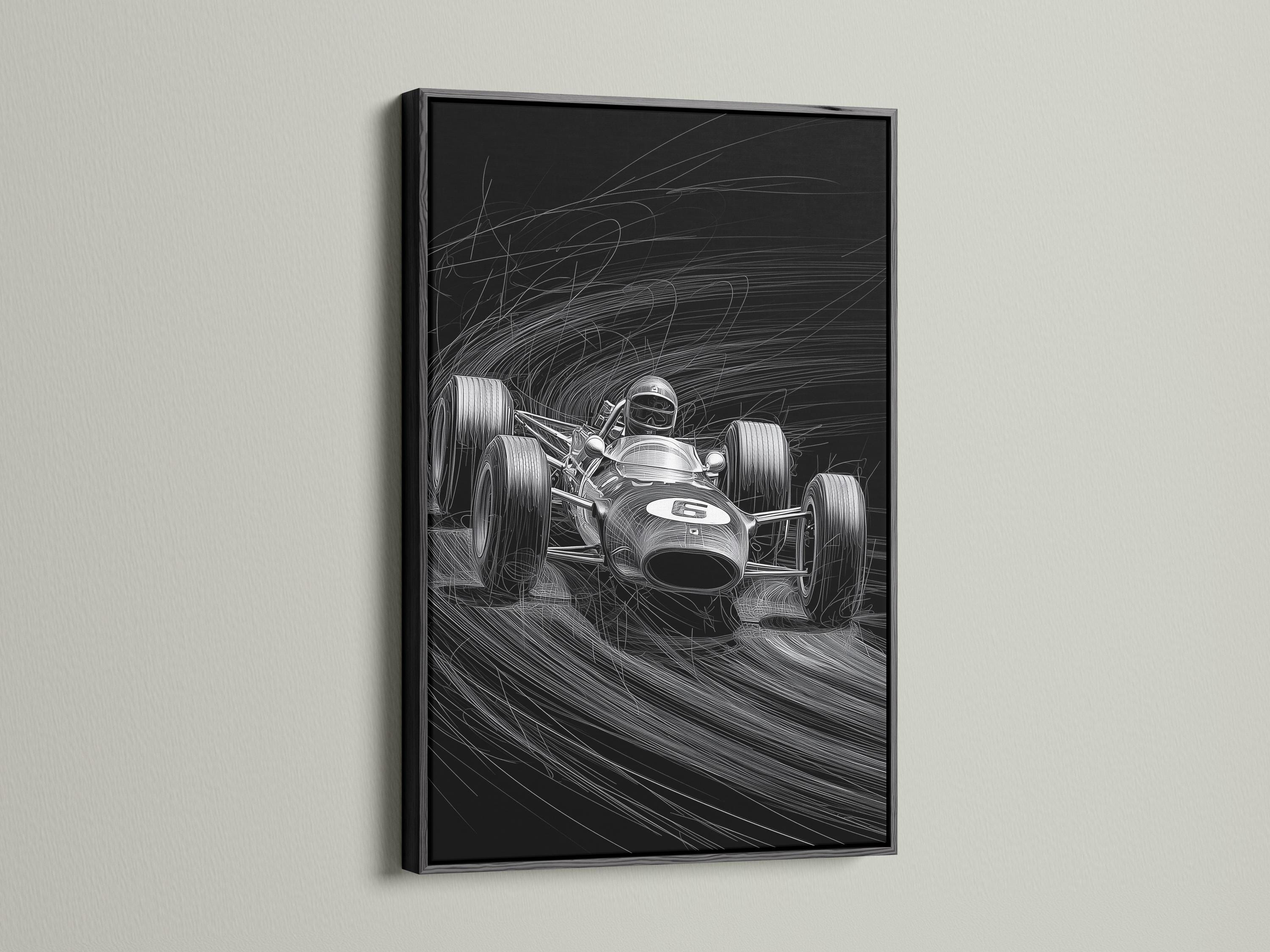 Black and white race car sketch with a helmeted driver and motion speed lines detail view