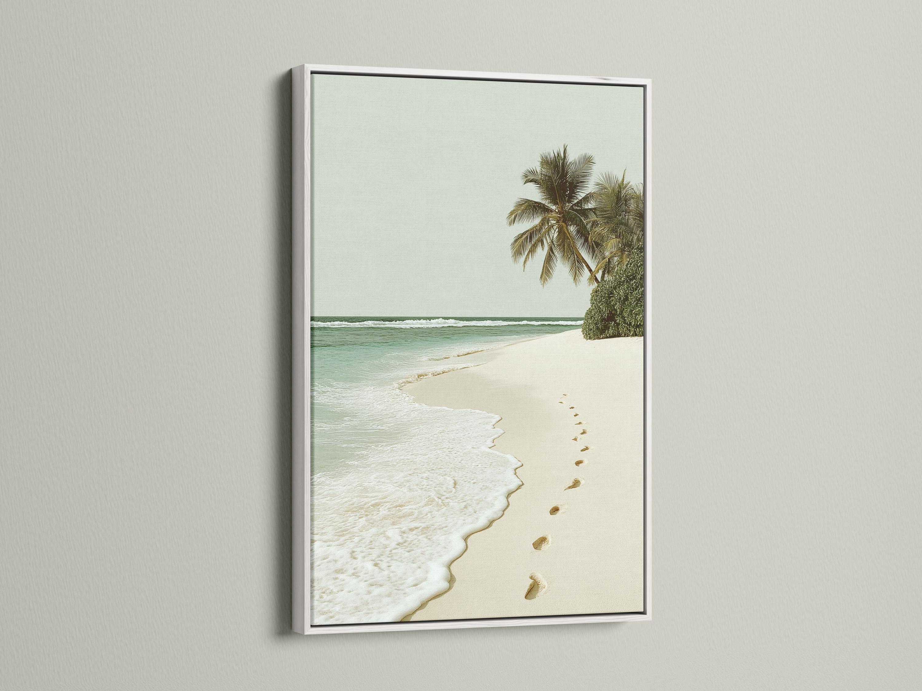 Palm beach seascape with turquoise ocean, sandy shore and footprints leading along the beach detail view