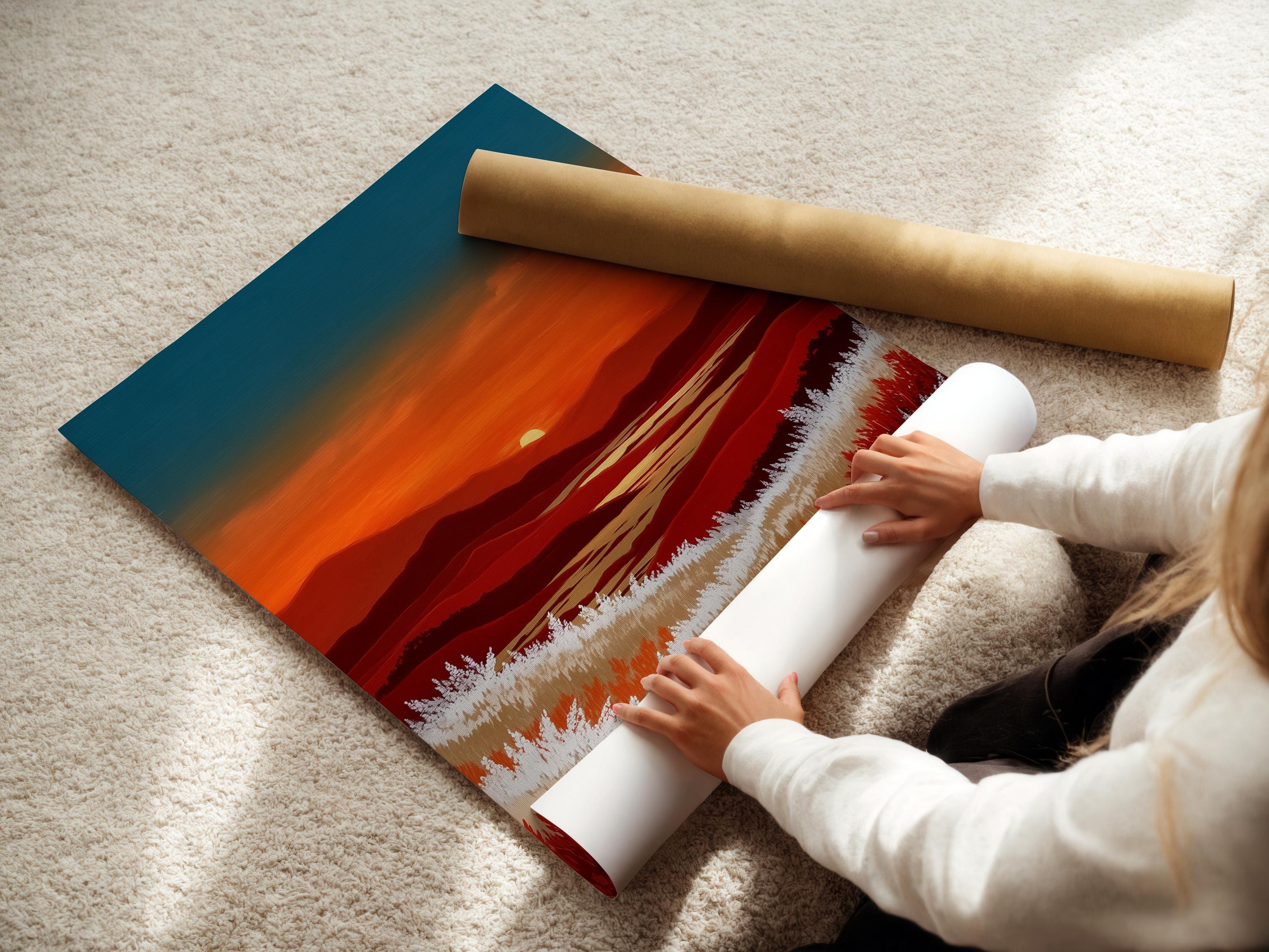 A stylised mountain sunset landscape shows layered ridgelines beneath a teal-blue sky and warm orange horizon, with bright white grass bands and red