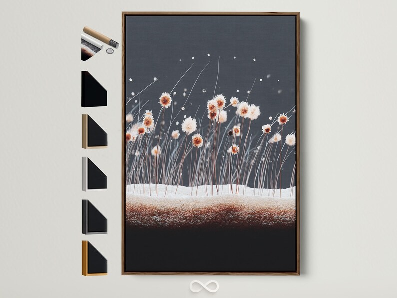 Dandelion-like blossoms on thin stems over a blue-grey speckled background