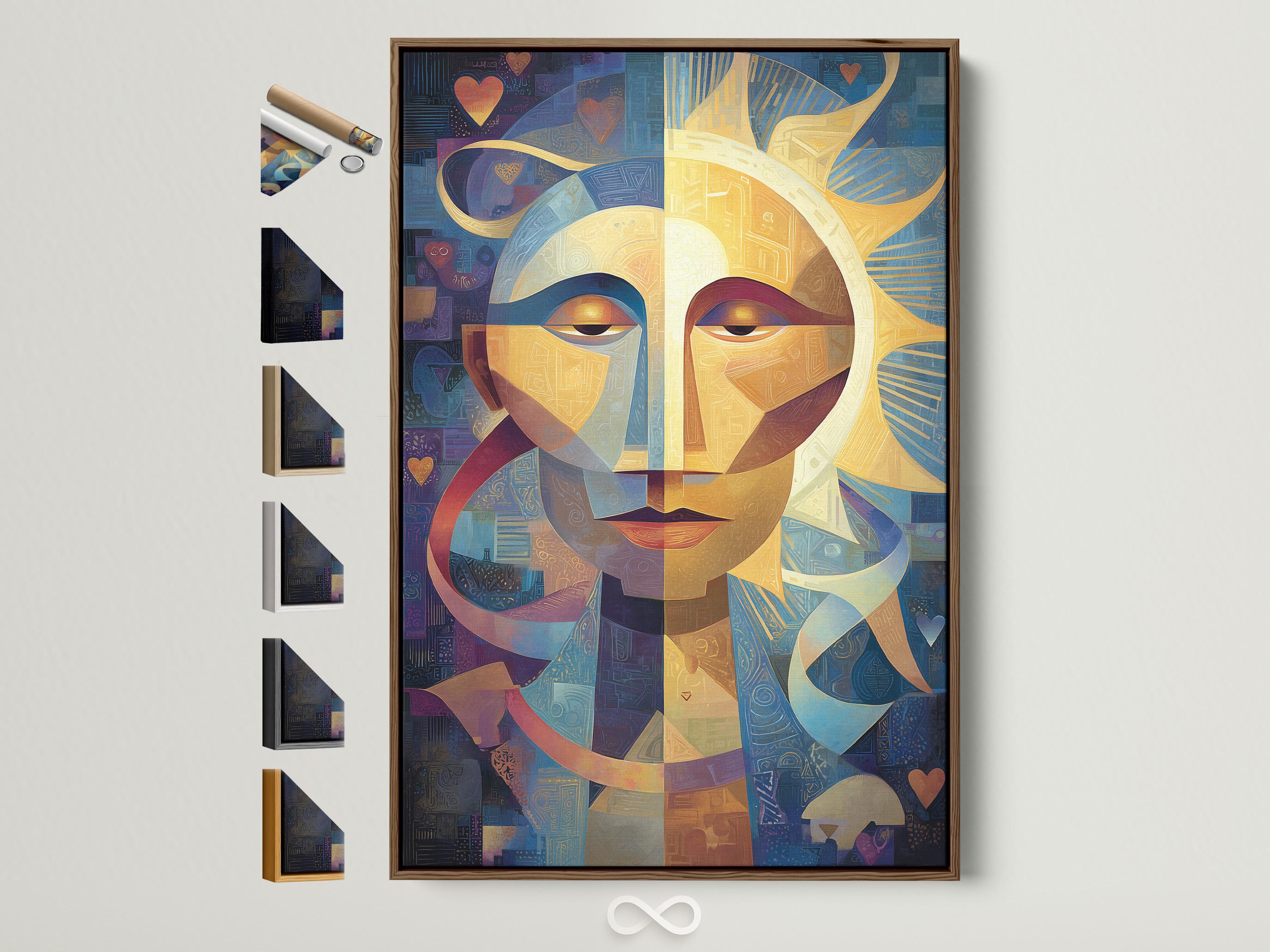 Geometric abstract face with a golden sunburst centre, blue and gold shapes, and small heart motifs detail view
