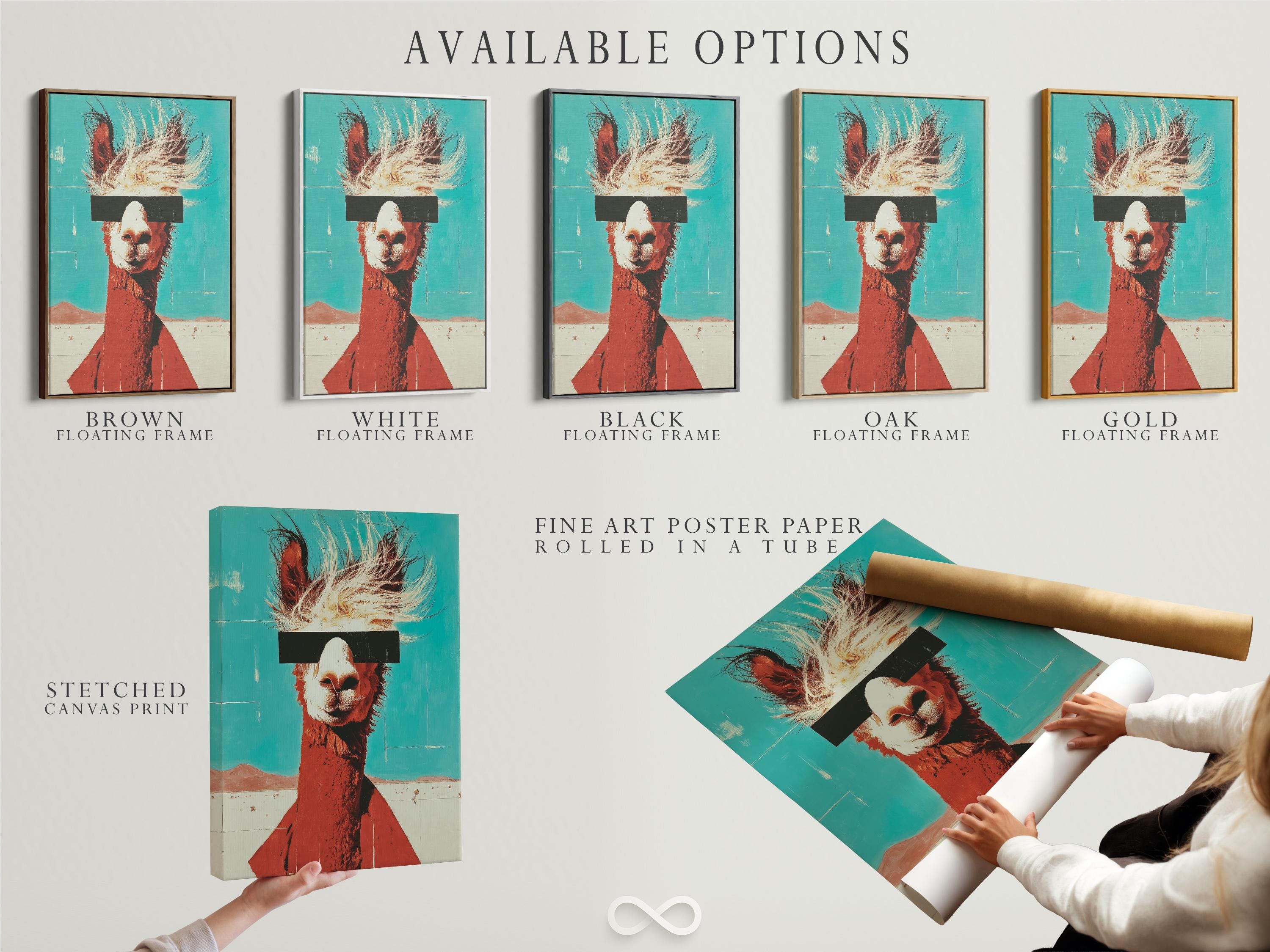 Stylised llama portrait on a turquoise background with rust-brown body and cream fur lines detail view