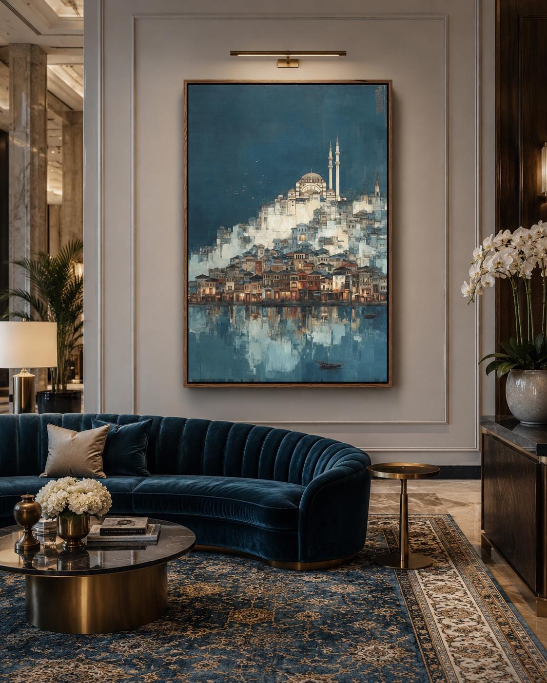 Room mockup with a framed blue cityscape mosque artwork on a wall