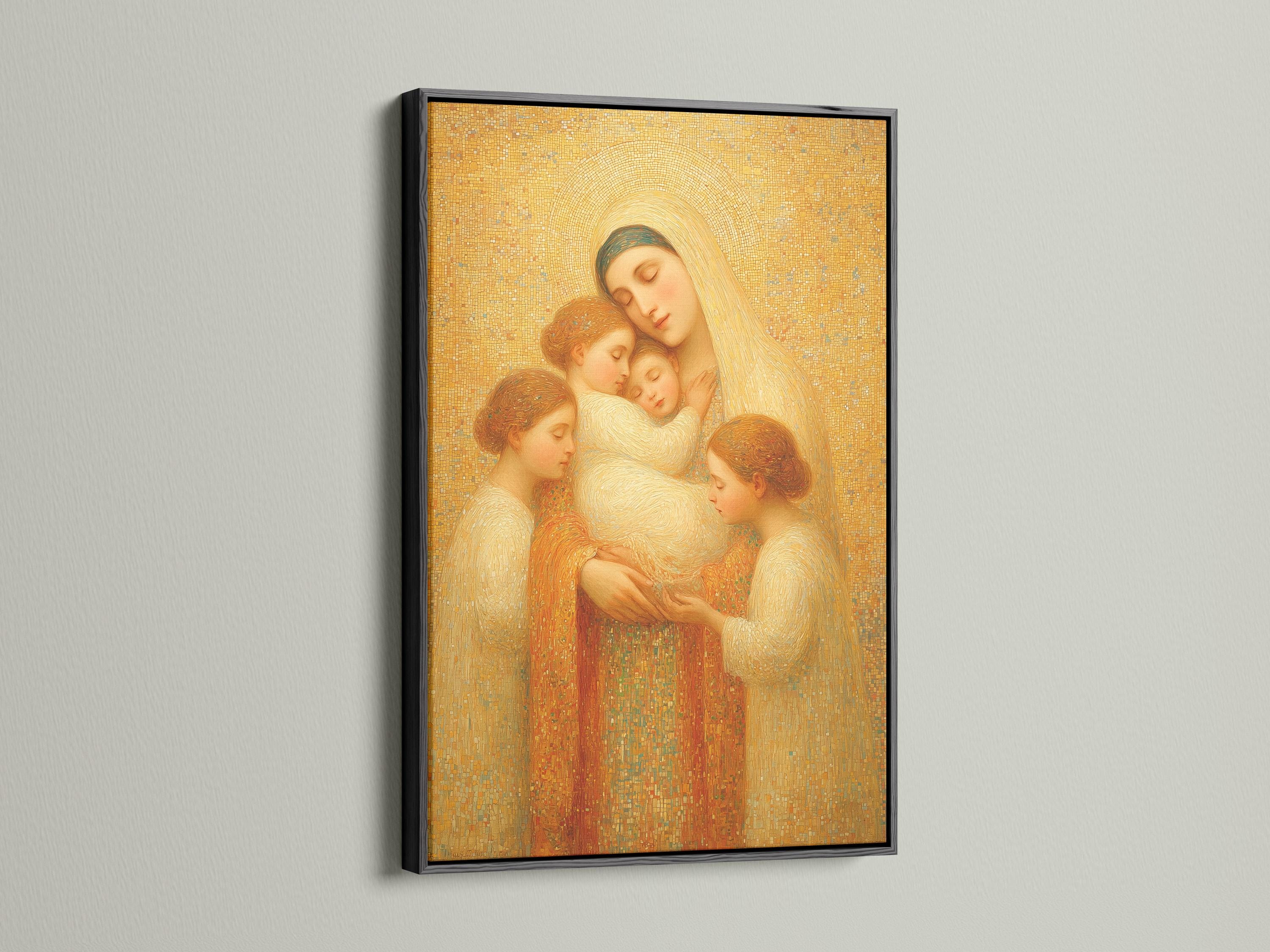Gold religious portrait of a haloed mother holding children against a mosaic background detail view