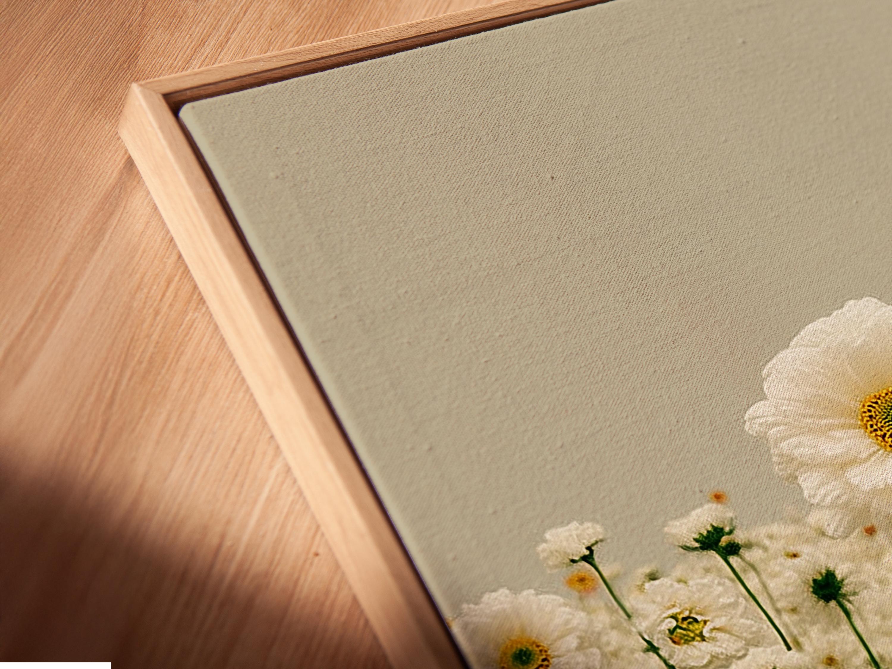 Room mockup showing a person holding flowers beside framed daisy meadow artwork