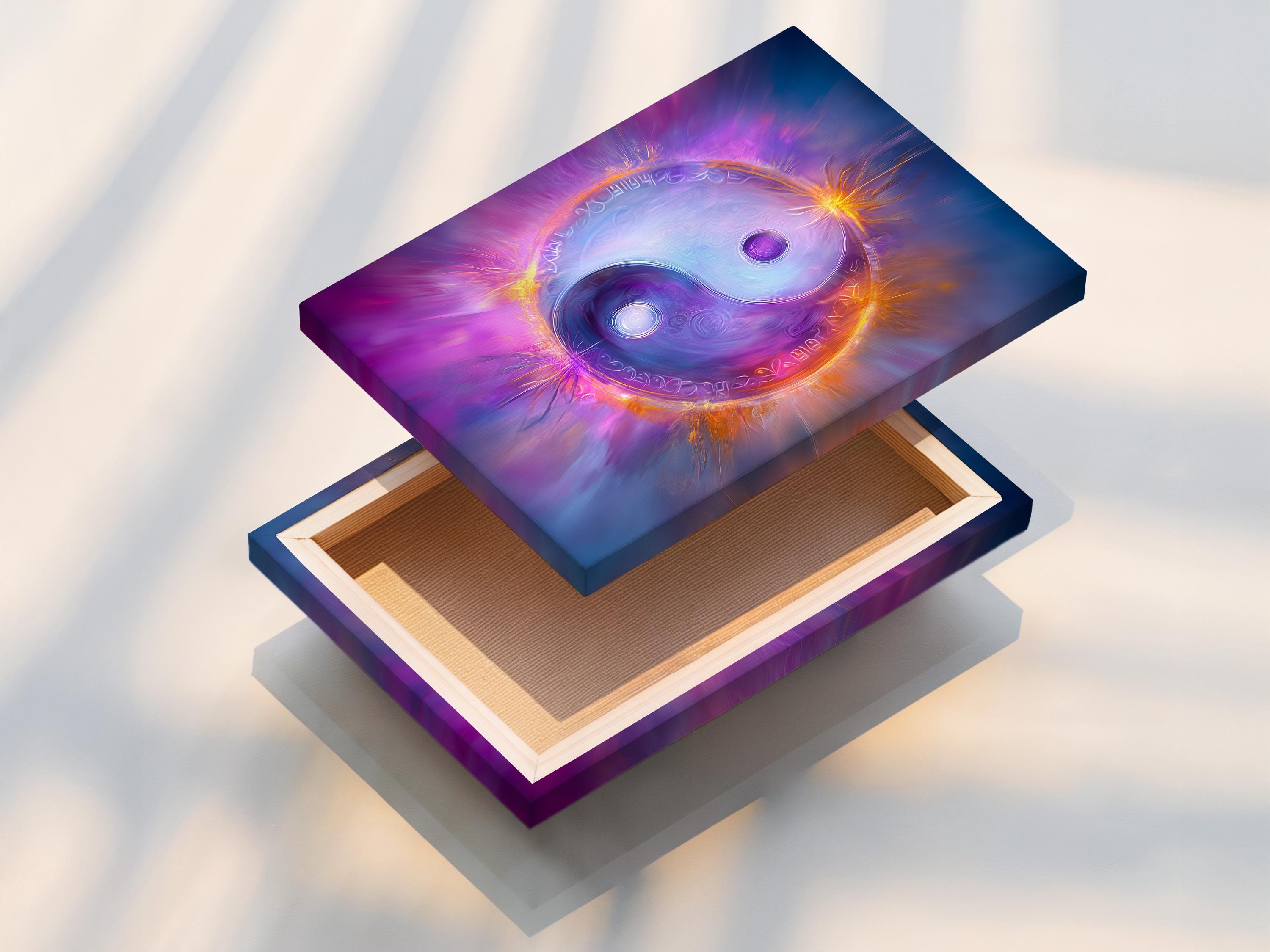 A cosmic yin-yang symbol glows in swirling purples and blues, framed by bright orange light rays and soft halo effects detail view