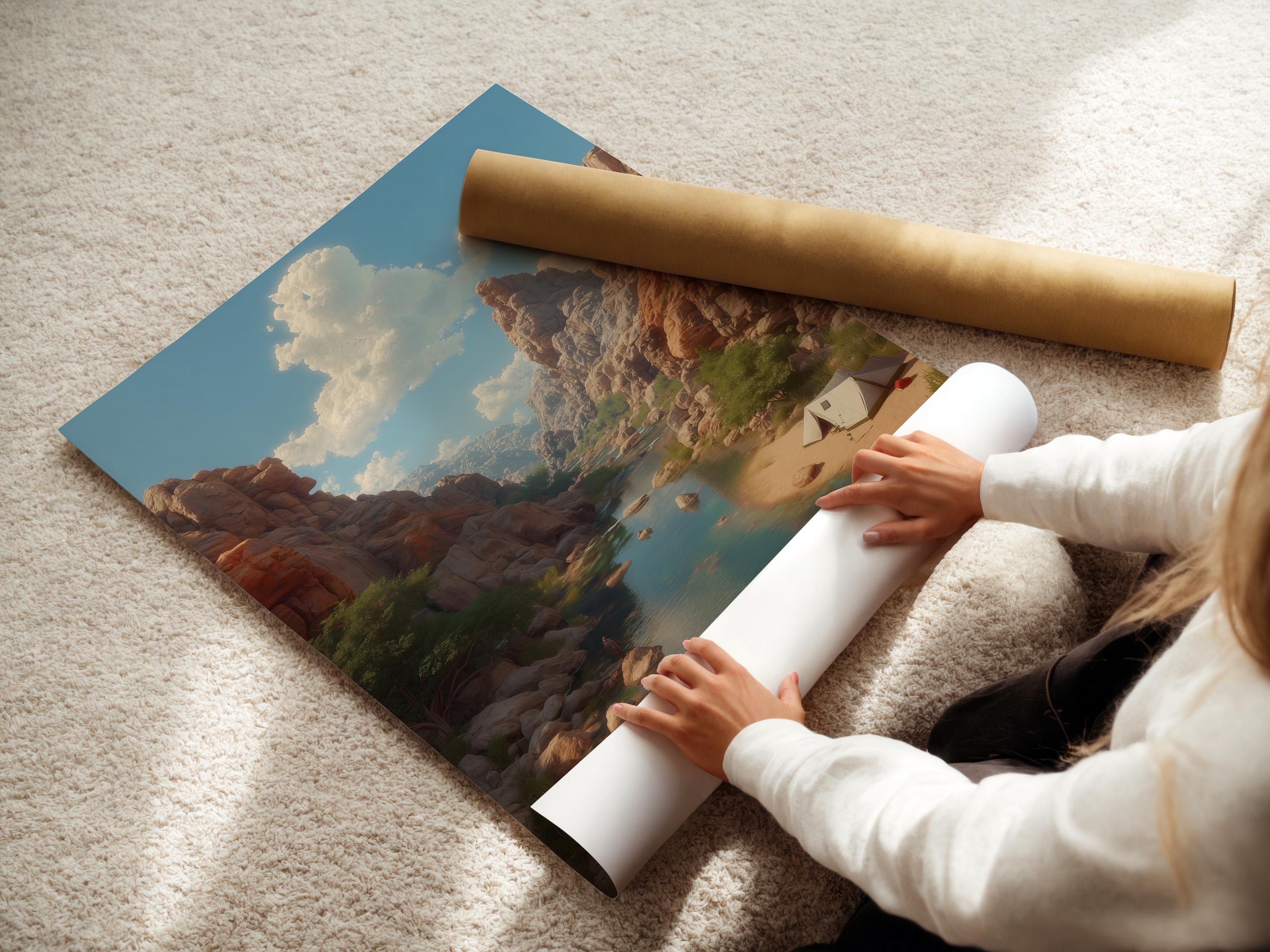 A framed desert canyon river landscape displayed with smaller preview images around it