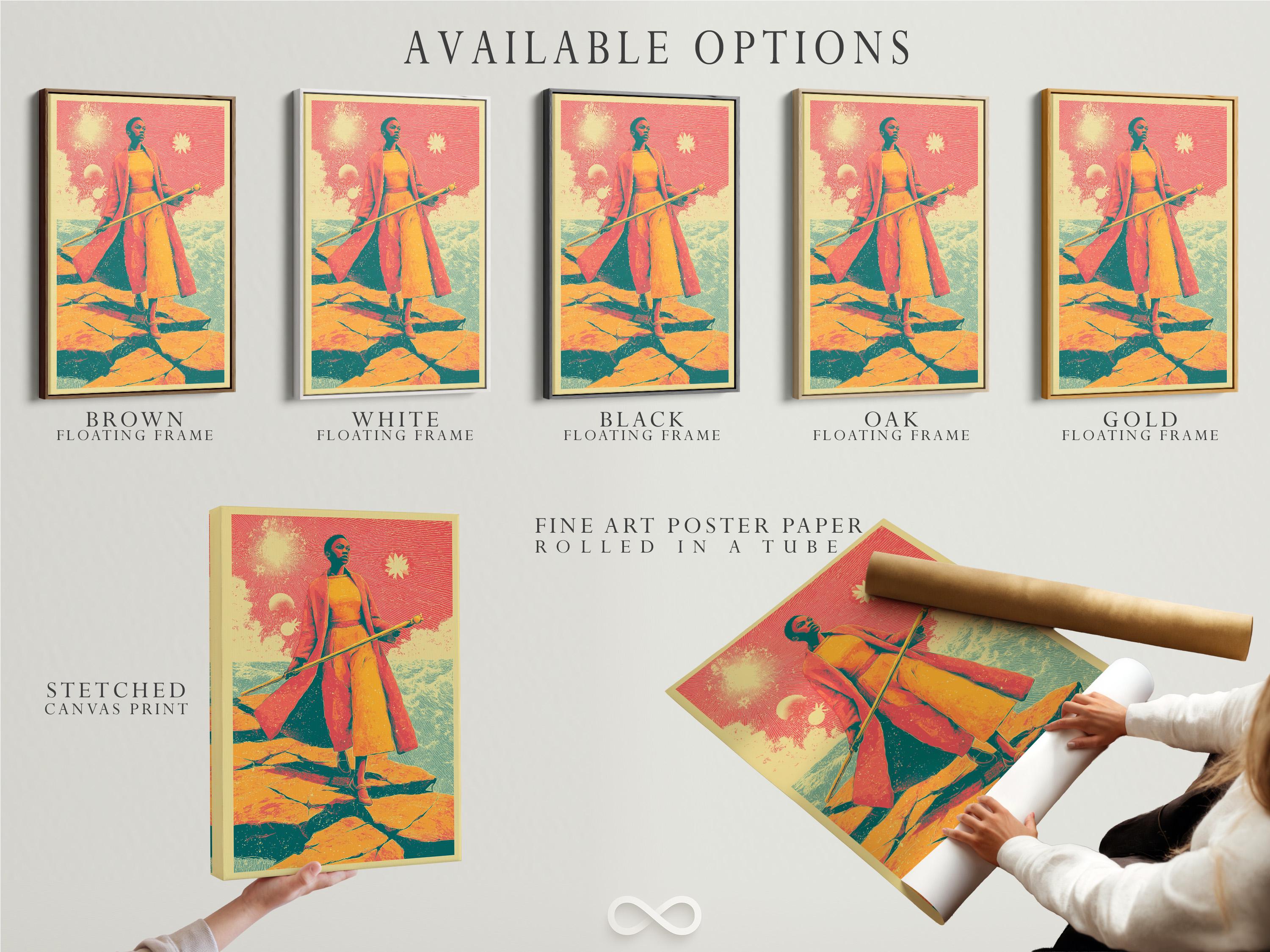 Retro sci-fi woman wall art displayed in an interior mockup
