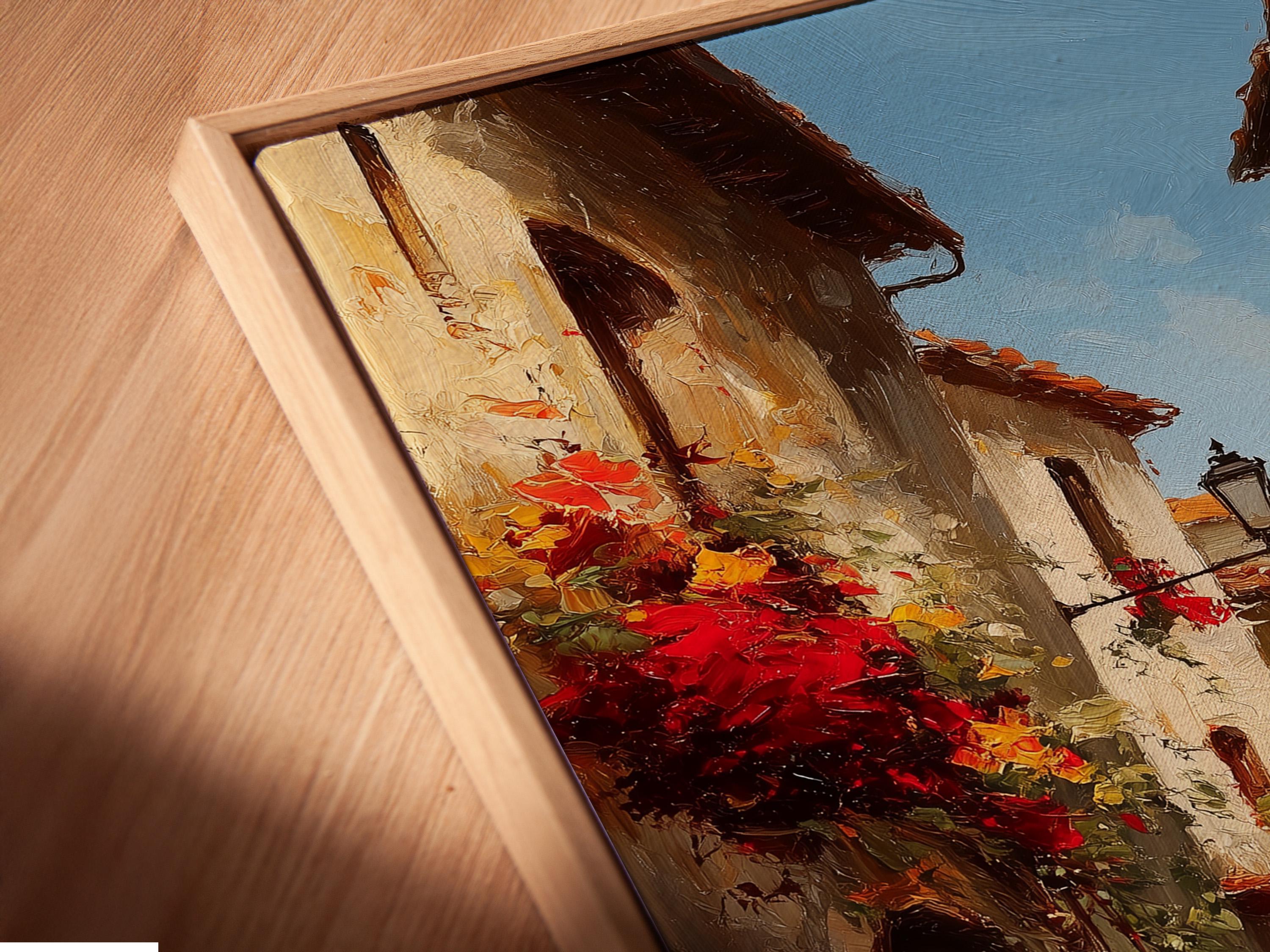 A sunlit alley scene with warm golden light, red flowering vines, and old European buildings leads the eye to a small table in the distance detail