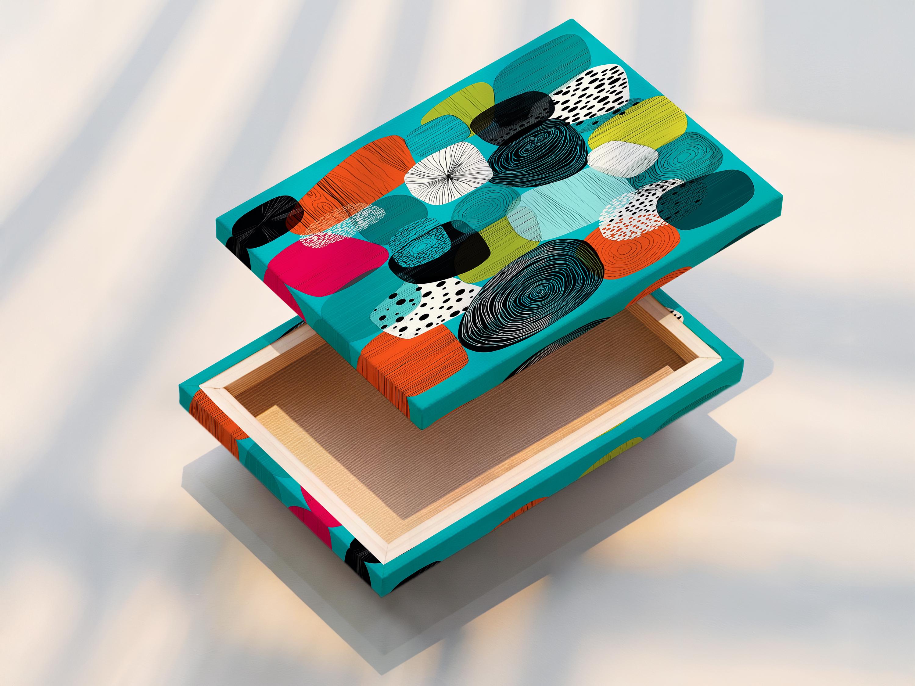 Abstract artwork in a framed composition with turquoise background and patterned shapes