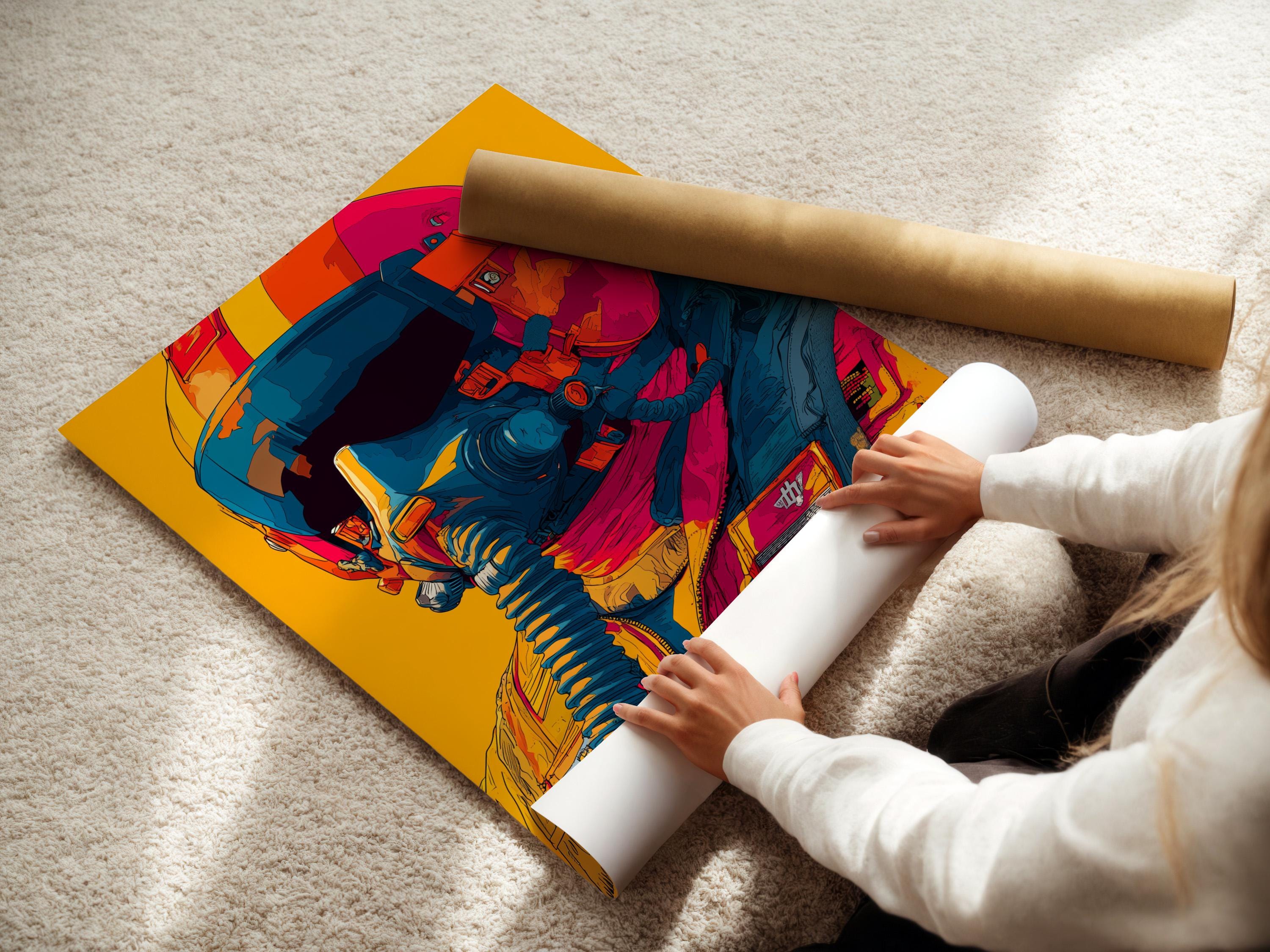 Mockup showing a framed retro pilot wall artwork with teal, orange and hot pink colours on a yellow background