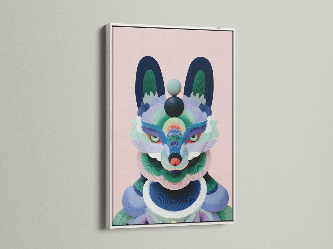 Stylised pastel fox portrait with layered geometric fur shapes on a pink background detail view